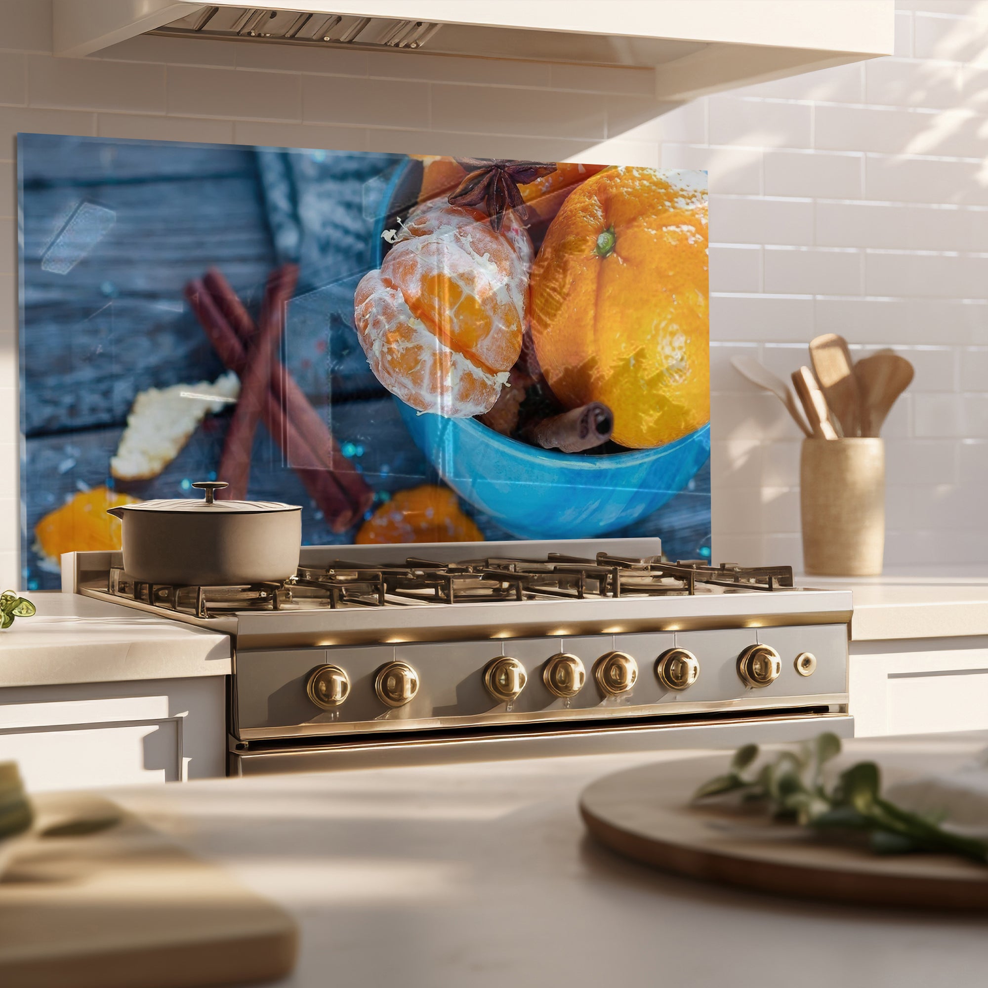 Citrus & Spice Tempered Glass Backsplash – Cozy Kitchen Wall Panel