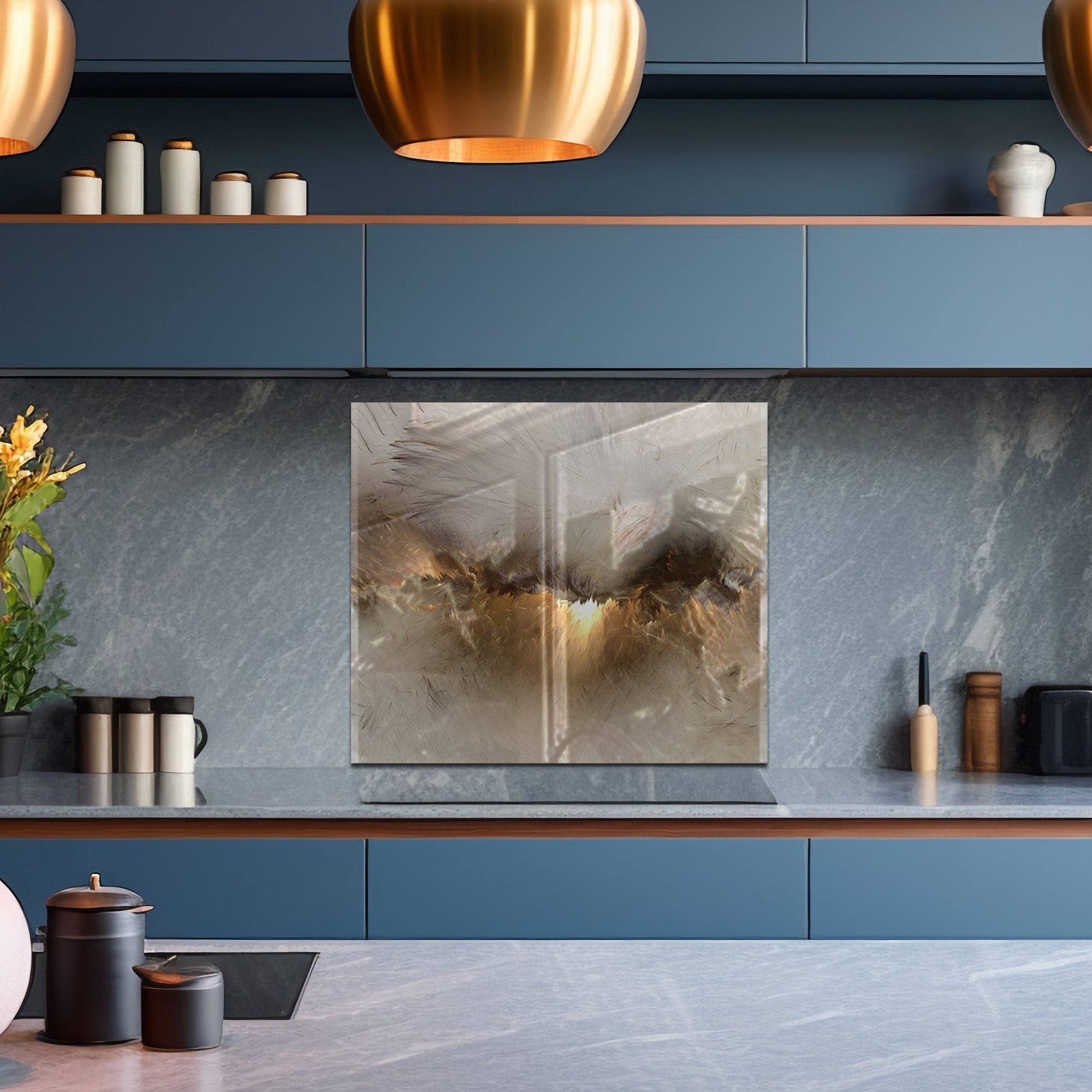 Abstract Grey & Gold Tempered Glass Backsplash – Modern Kitchen Wall Panel