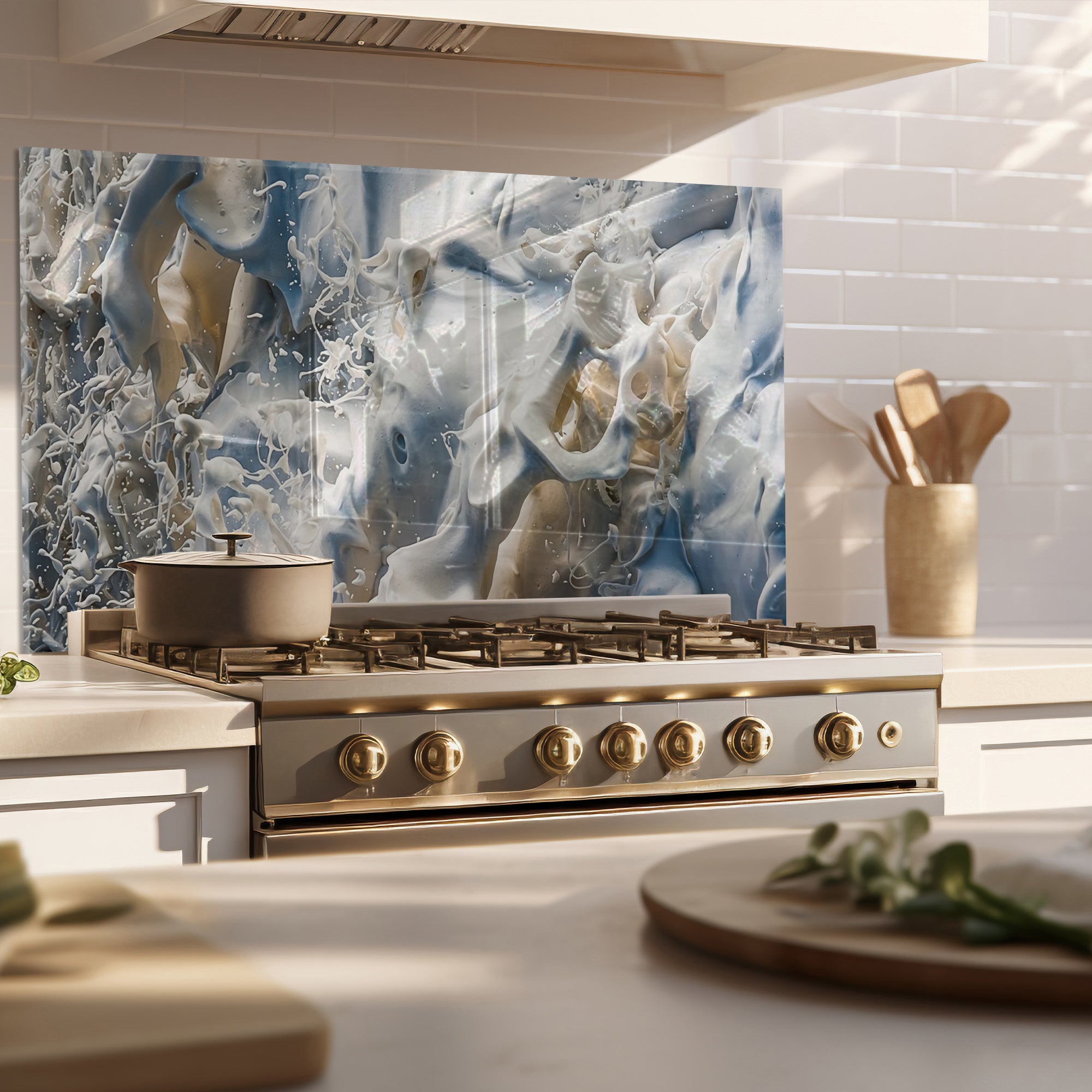Milk Splash Tempered Glass Backsplash – Abstract Creamy Kitchen Panel