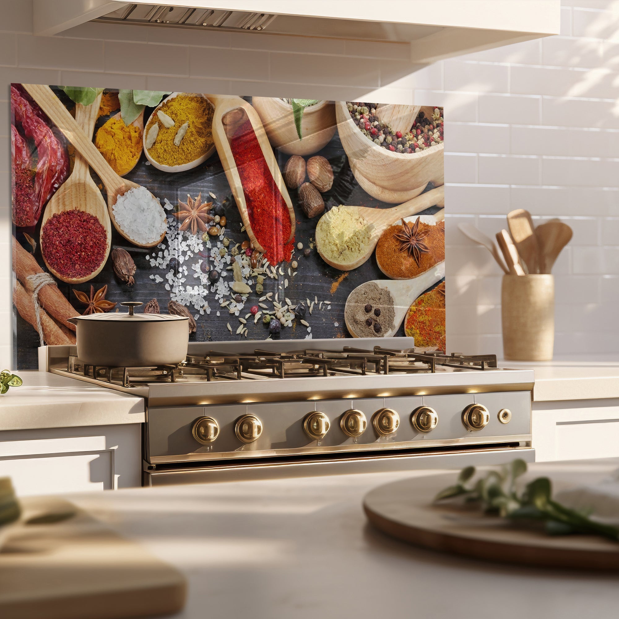 Colorful Spices Tempered Glass Backsplash – Gourmet Kitchen Heat Shield