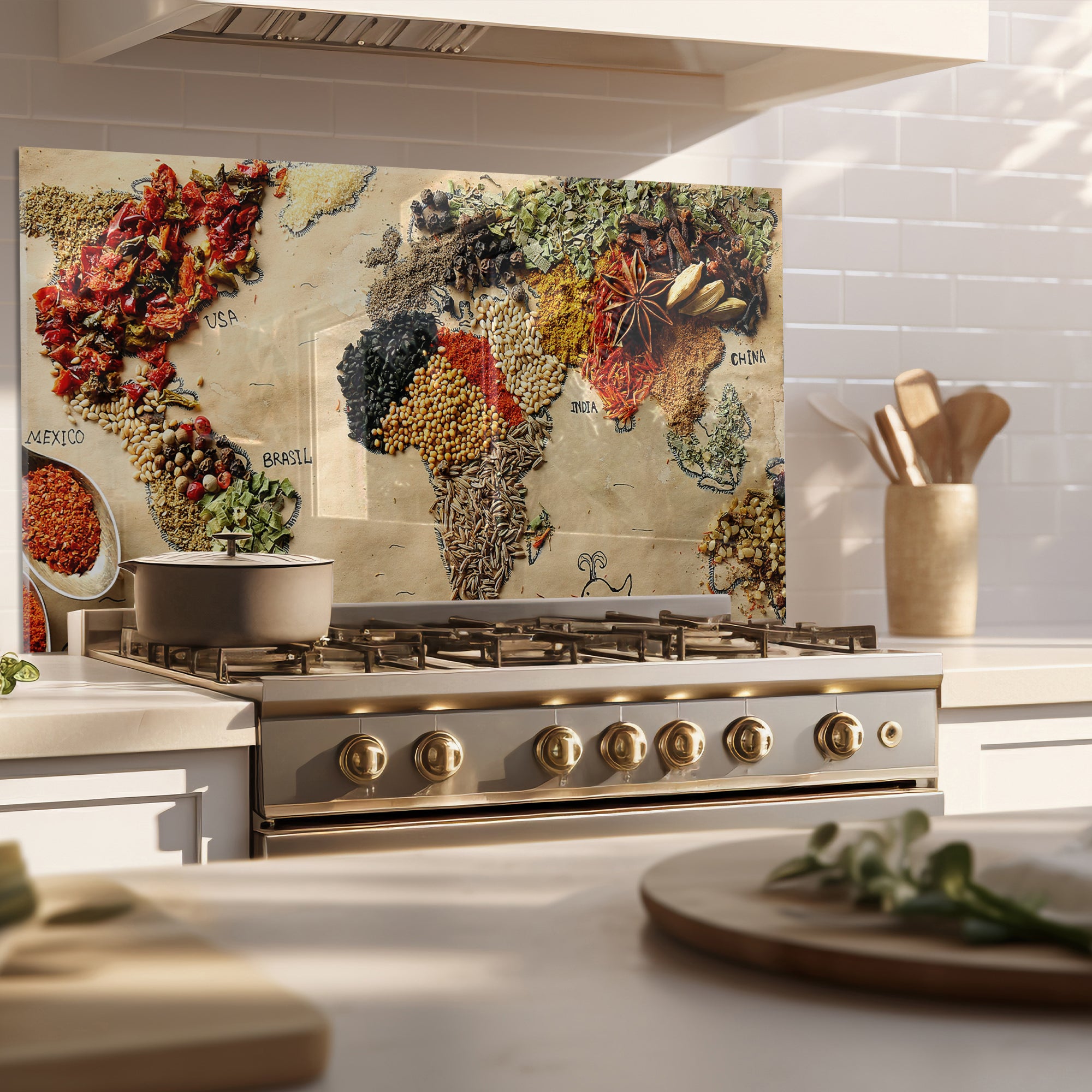 World Map Spices Tempered Glass Backsplash – Culinary Travel Kitchen Panel
