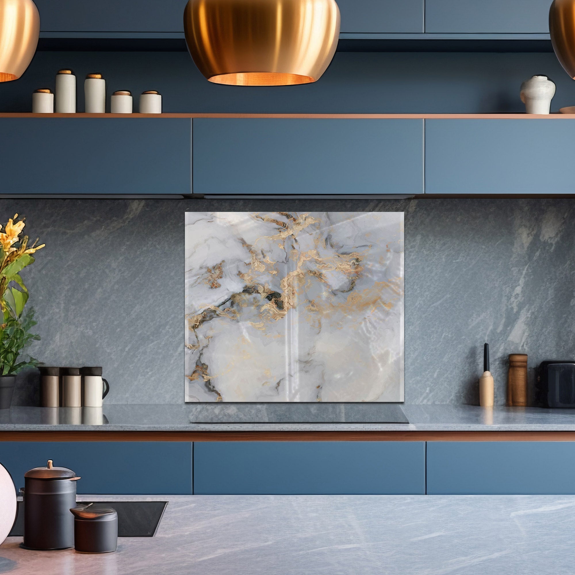 White & Gold Marble Tempered Glass Backsplash – Elegant Kitchen Wall Panel