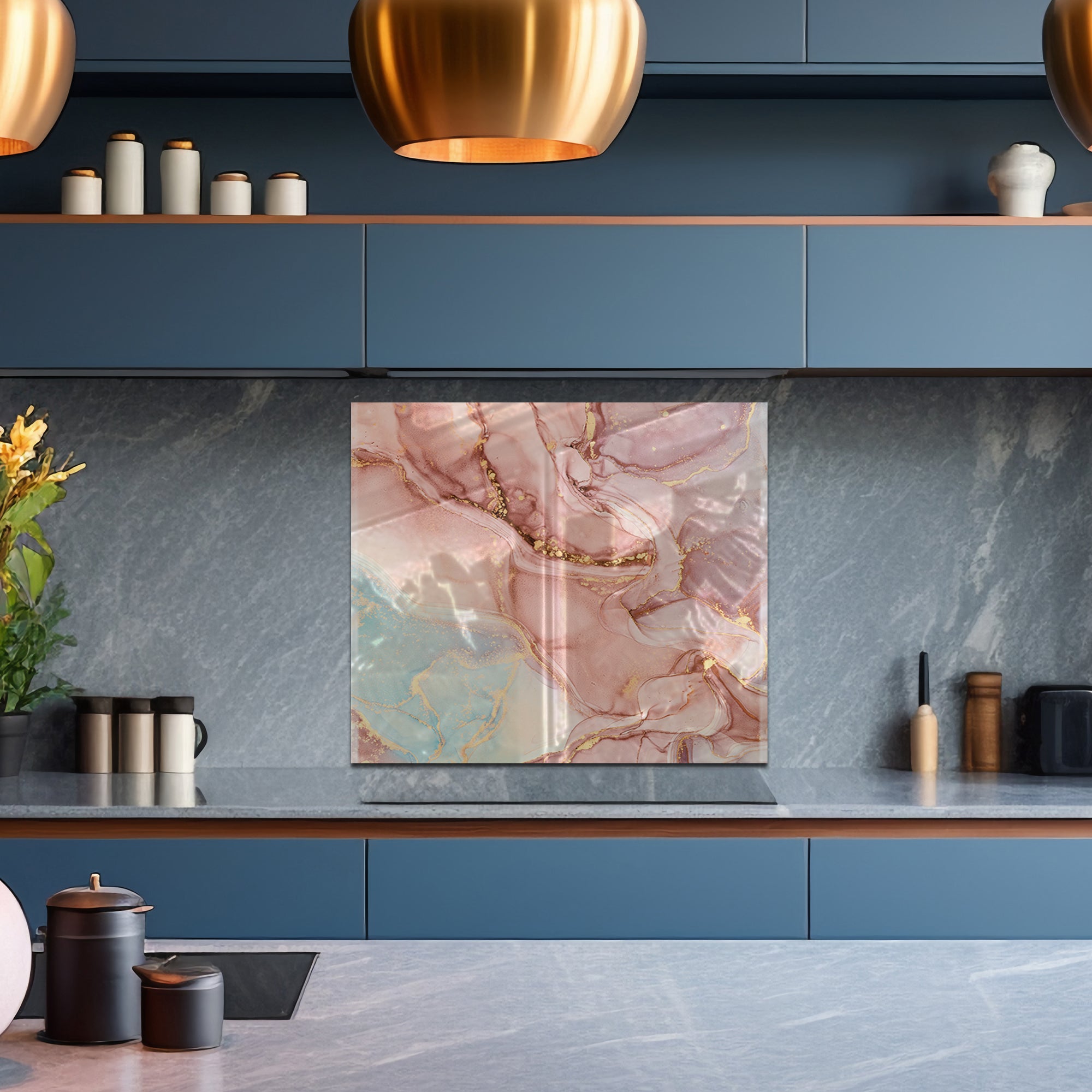 Pink Ink Marble Glass Backsplash – Elegant Abstract Kitchen Panel