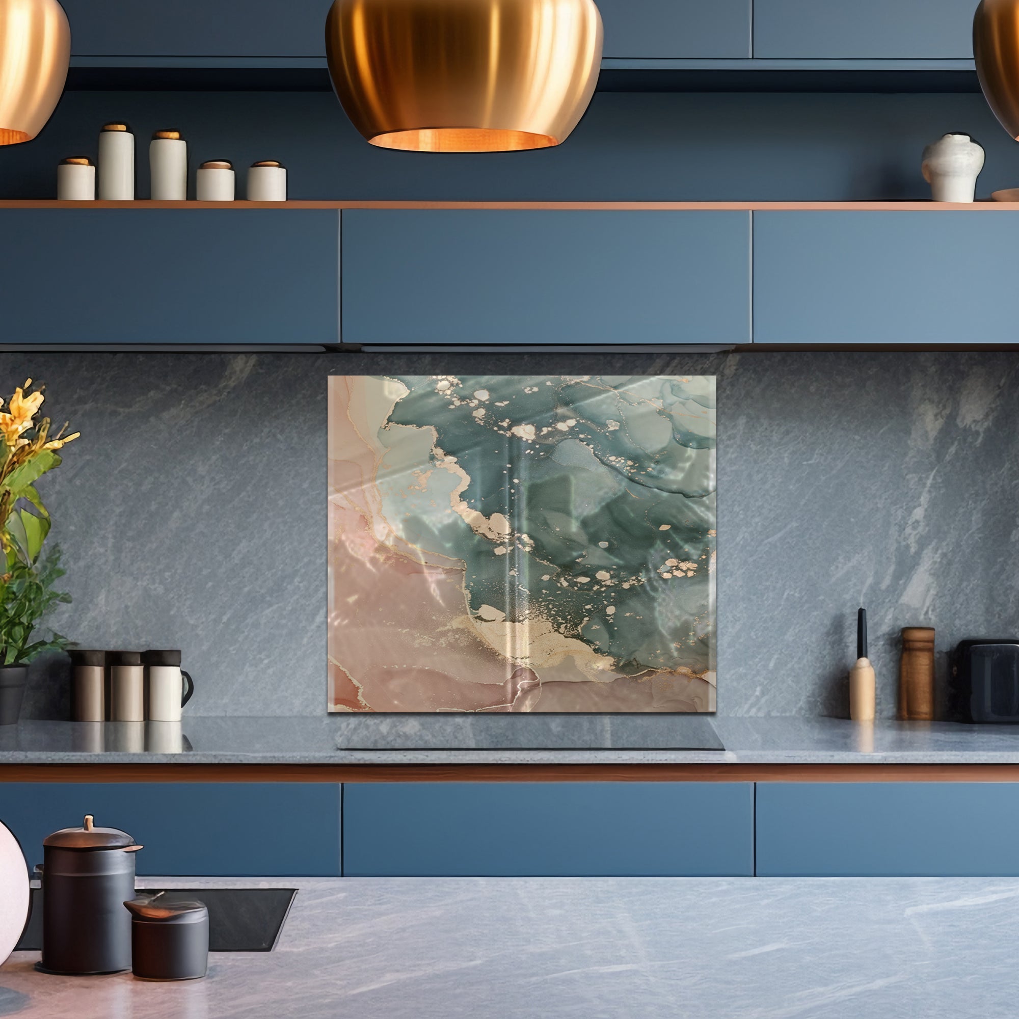 Green & Beige Ink Marble Glass Backsplash – Abstract Kitchen Panel