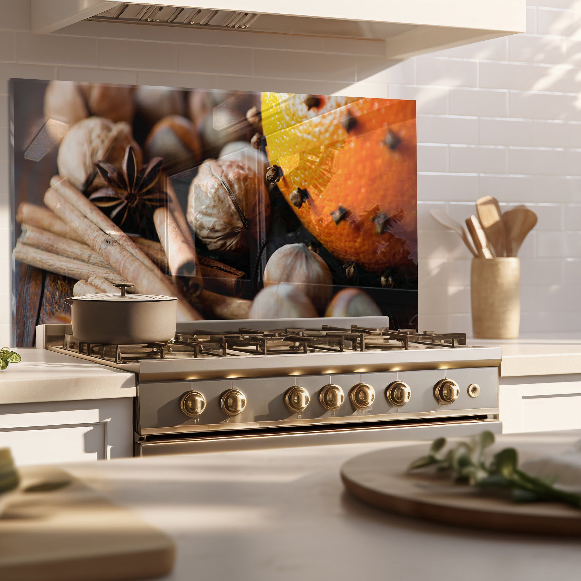 Spices & Nuts Tempered Glass Backsplash – Warm Gourmet Kitchen Panel