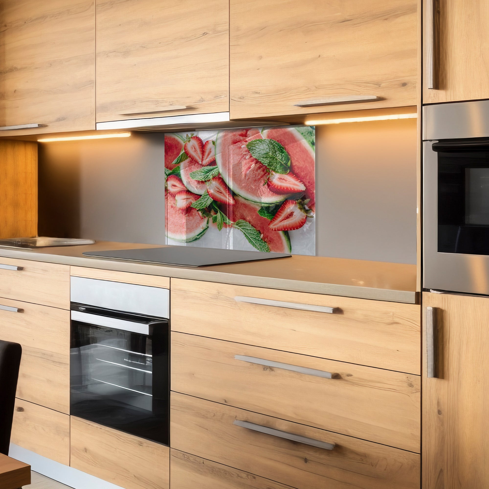 Watermelon & Strawberry Tempered Glass Backsplash – Fresh Summer Kitchen Panel