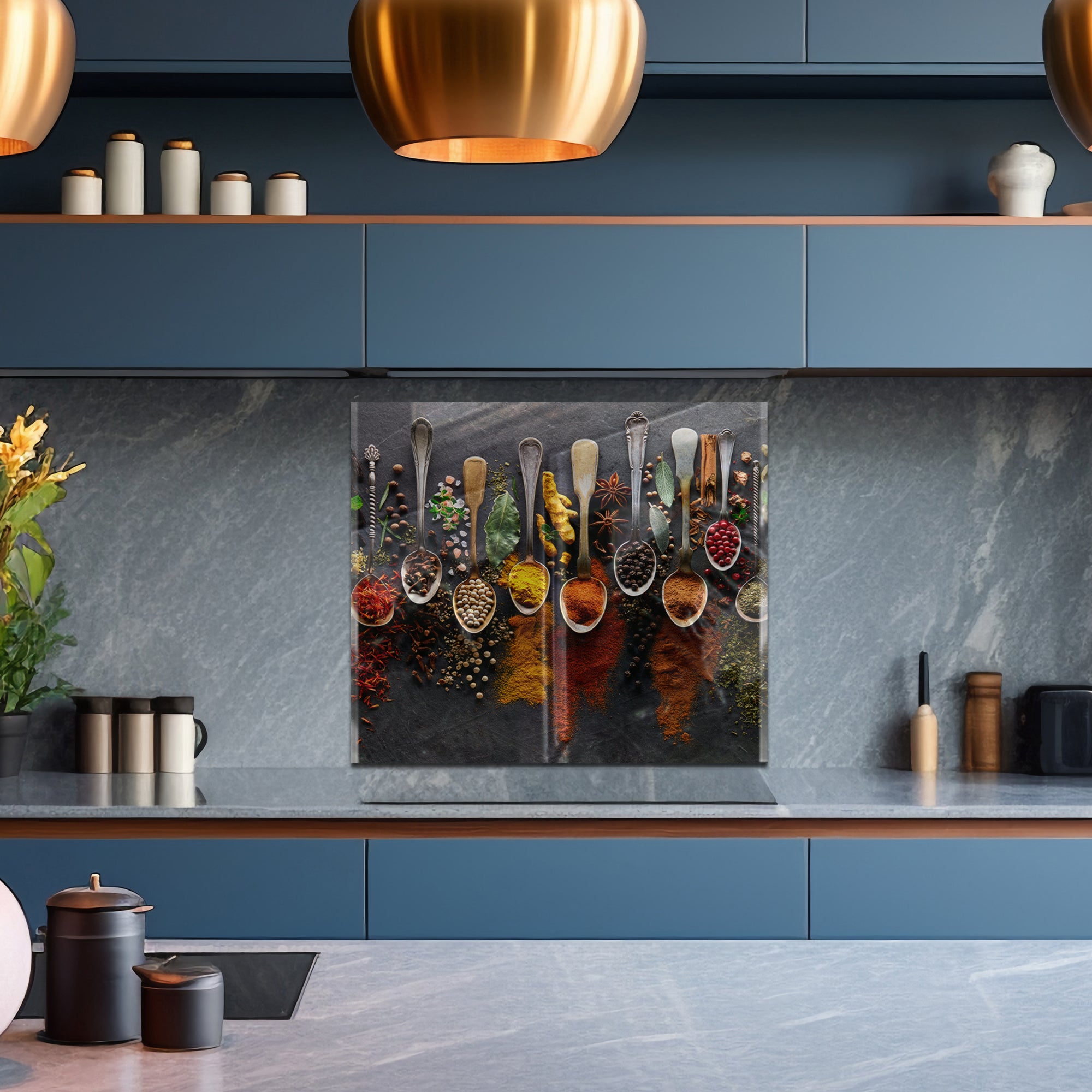 Spices on Dark Stone Tempered Glass Backsplash – Gourmet Kitchen Wall Panel