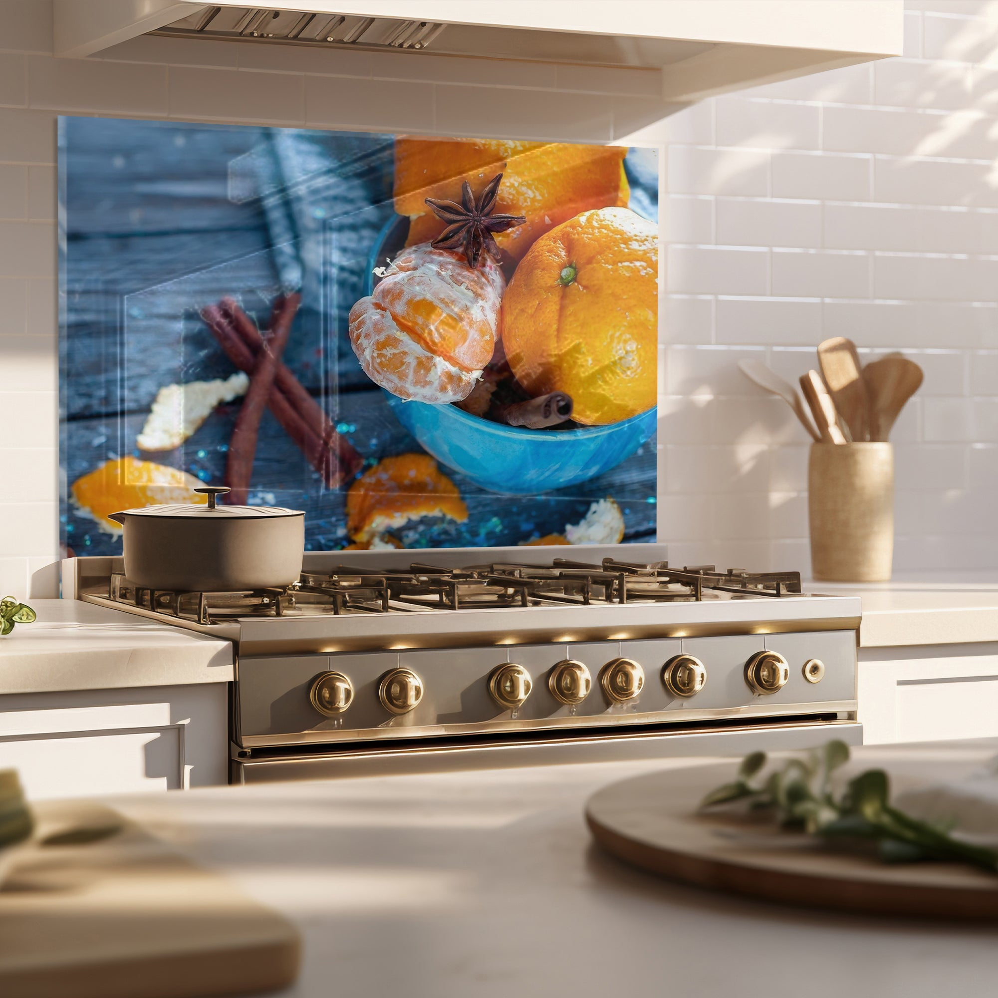 Citrus & Spice Tempered Glass Backsplash – Cozy Kitchen Wall Panel