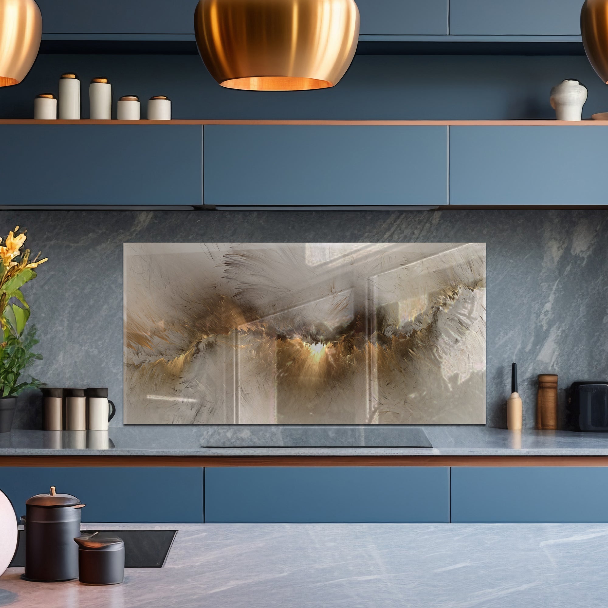 Abstract Grey & Gold Tempered Glass Backsplash – Modern Kitchen Wall Panel