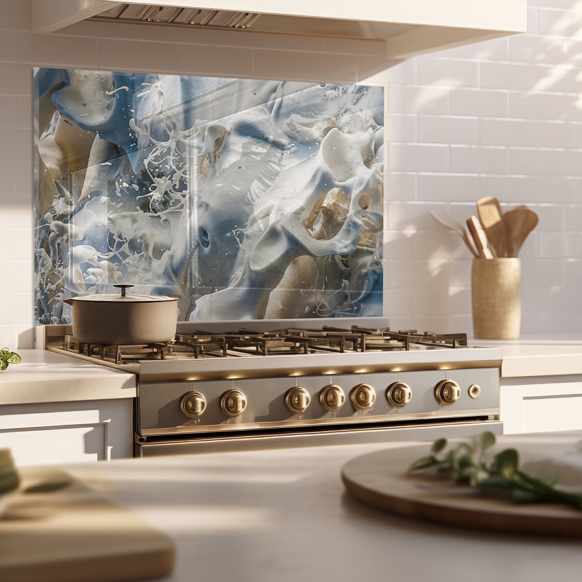 Milk Splash Tempered Glass Backsplash – Abstract Creamy Kitchen Panel