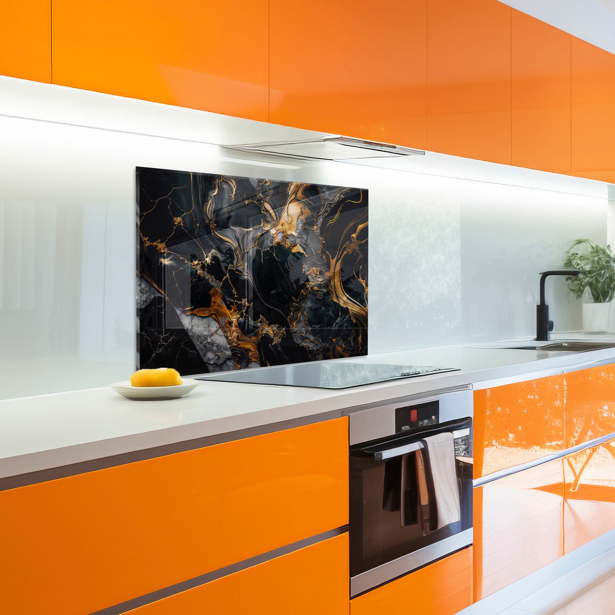 Black and Gold Marble Tempered Glass Stove Backsplash – Heat-Resistant Modern Kitchen Wall Panel