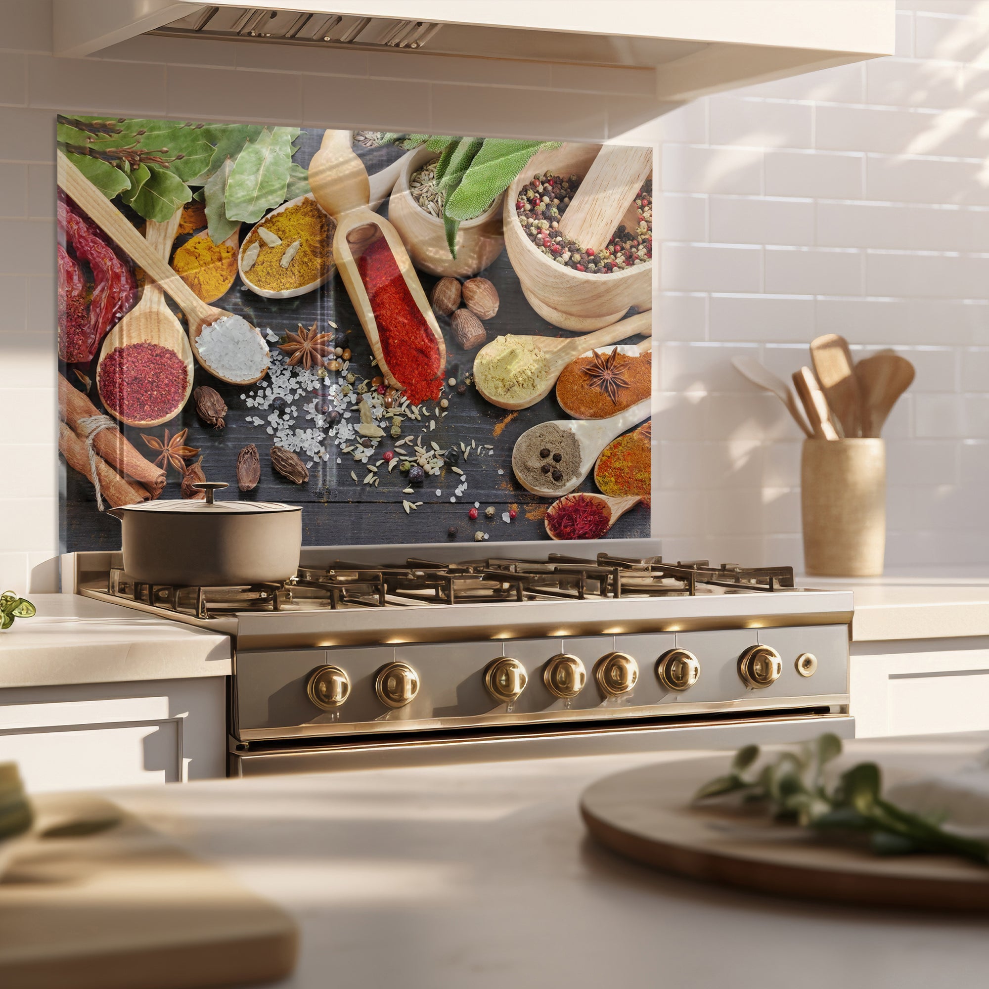 Colorful Spices Tempered Glass Backsplash – Gourmet Kitchen Heat Shield