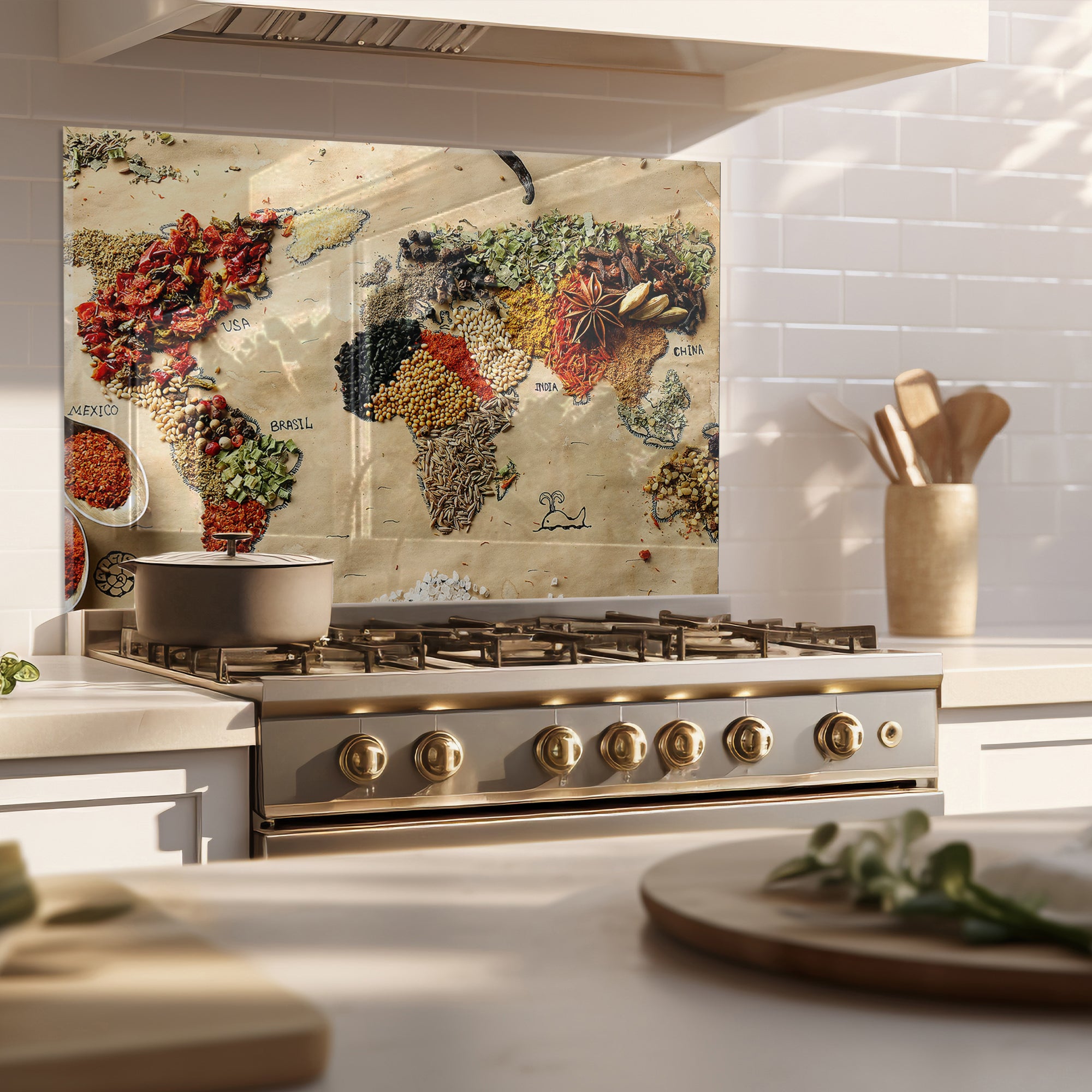 World Map Spices Tempered Glass Backsplash – Culinary Travel Kitchen Panel
