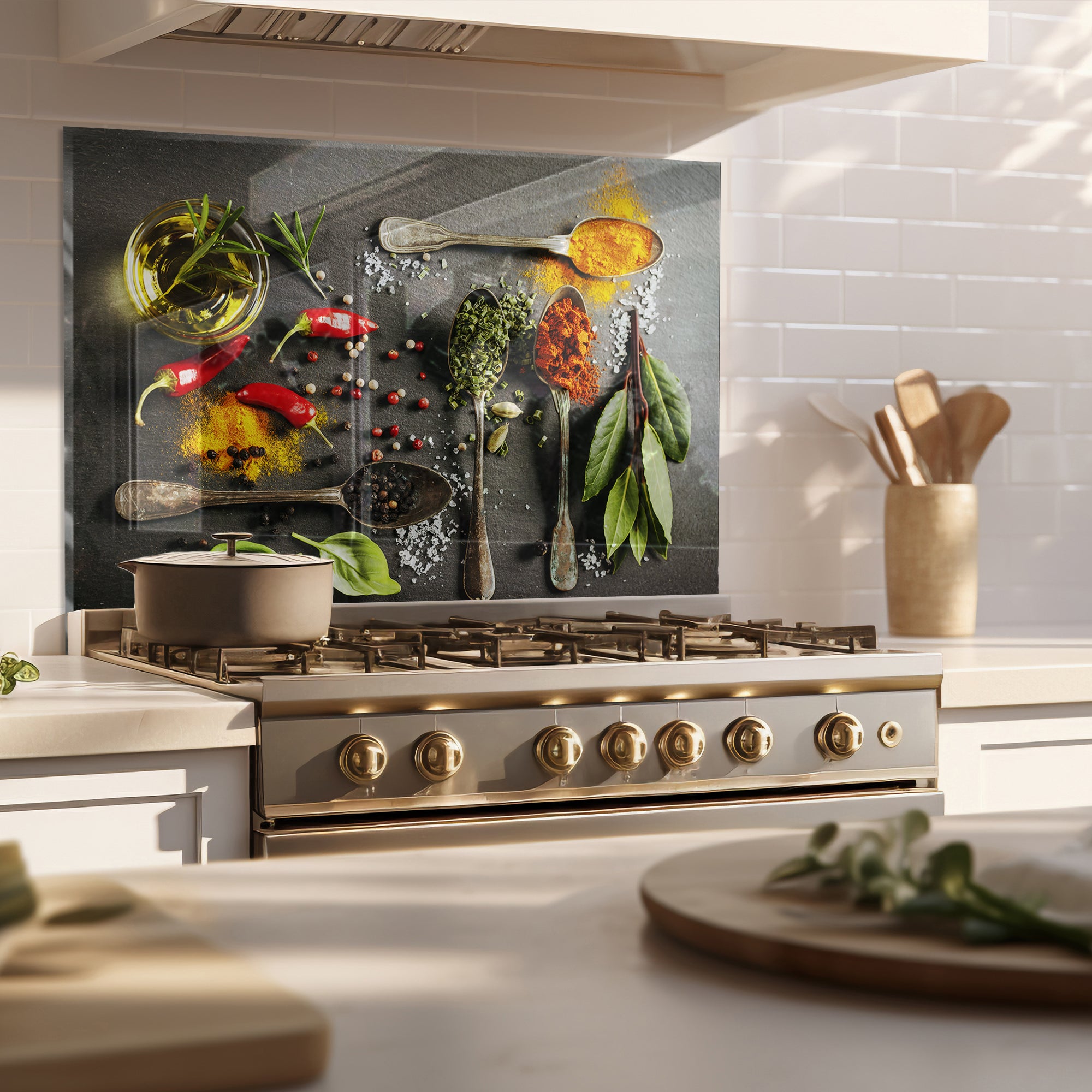 Spices & Herbs Tempered Glass Backsplash – Gourmet Kitchen Wall Panel