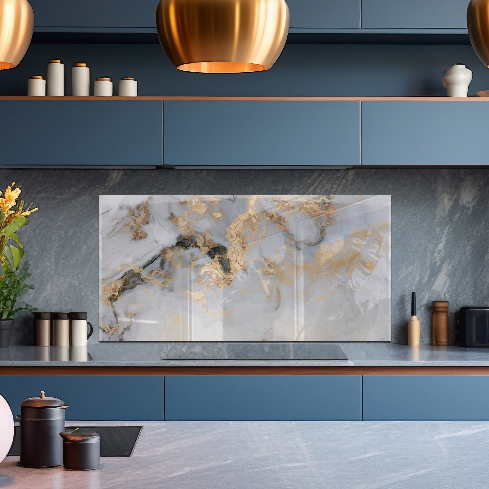 White & Gold Marble Tempered Glass Backsplash – Elegant Kitchen Wall Panel