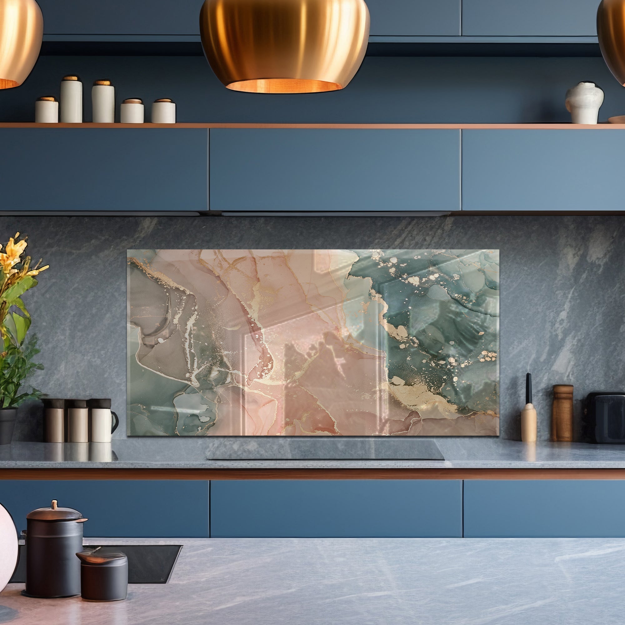 Green & Beige Ink Marble Glass Backsplash – Abstract Kitchen Panel