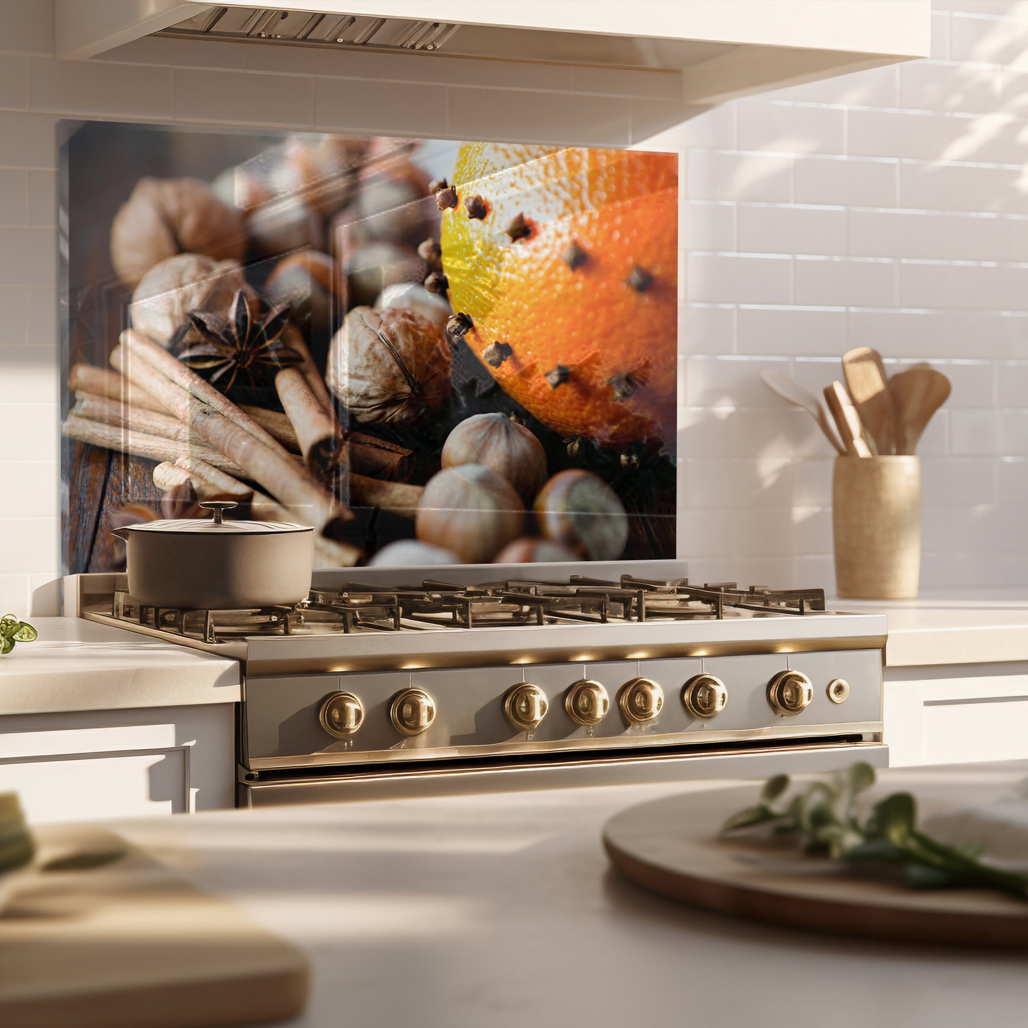 Spices & Nuts Tempered Glass Backsplash – Warm Gourmet Kitchen Panel