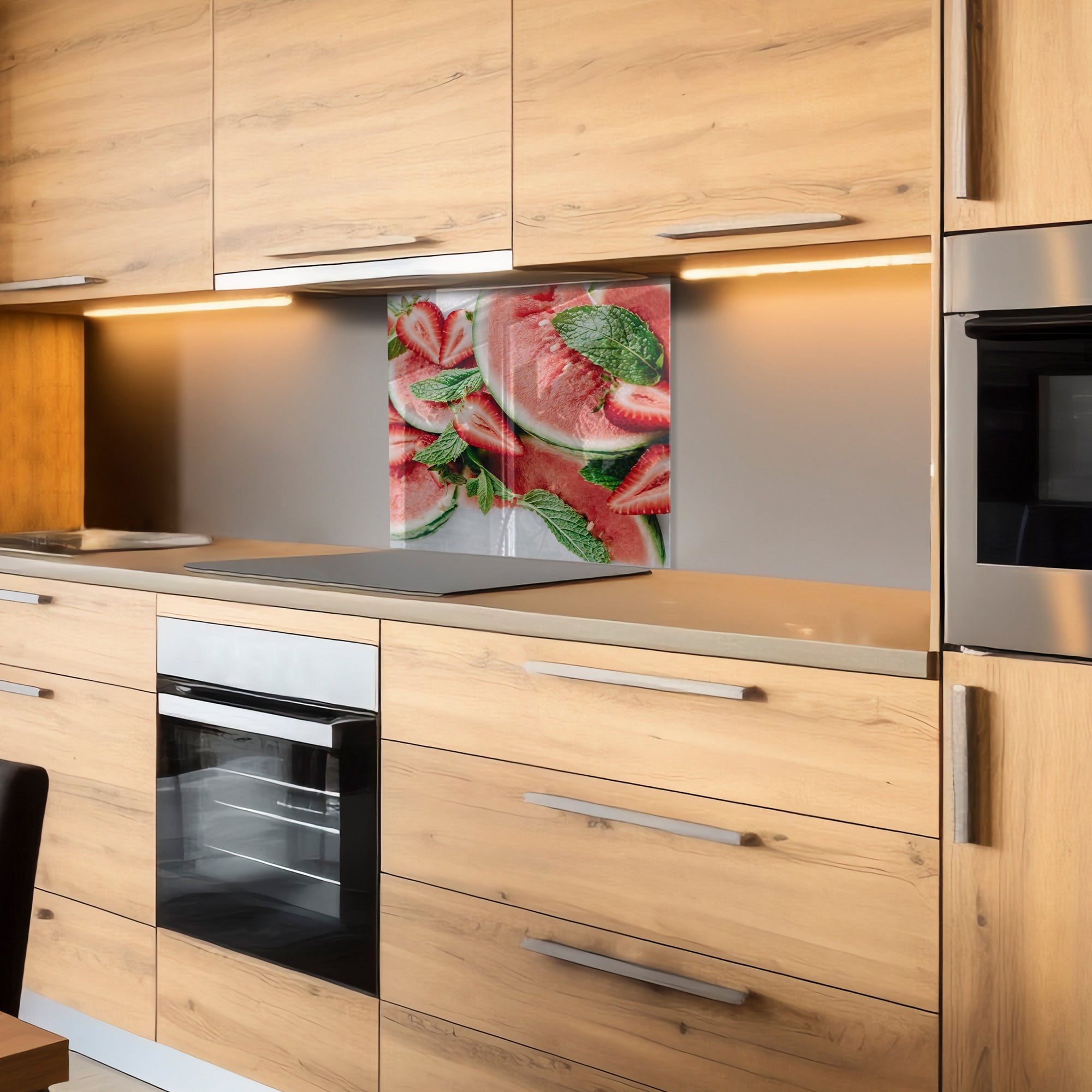 Watermelon & Strawberry Tempered Glass Backsplash – Fresh Summer Kitchen Panel
