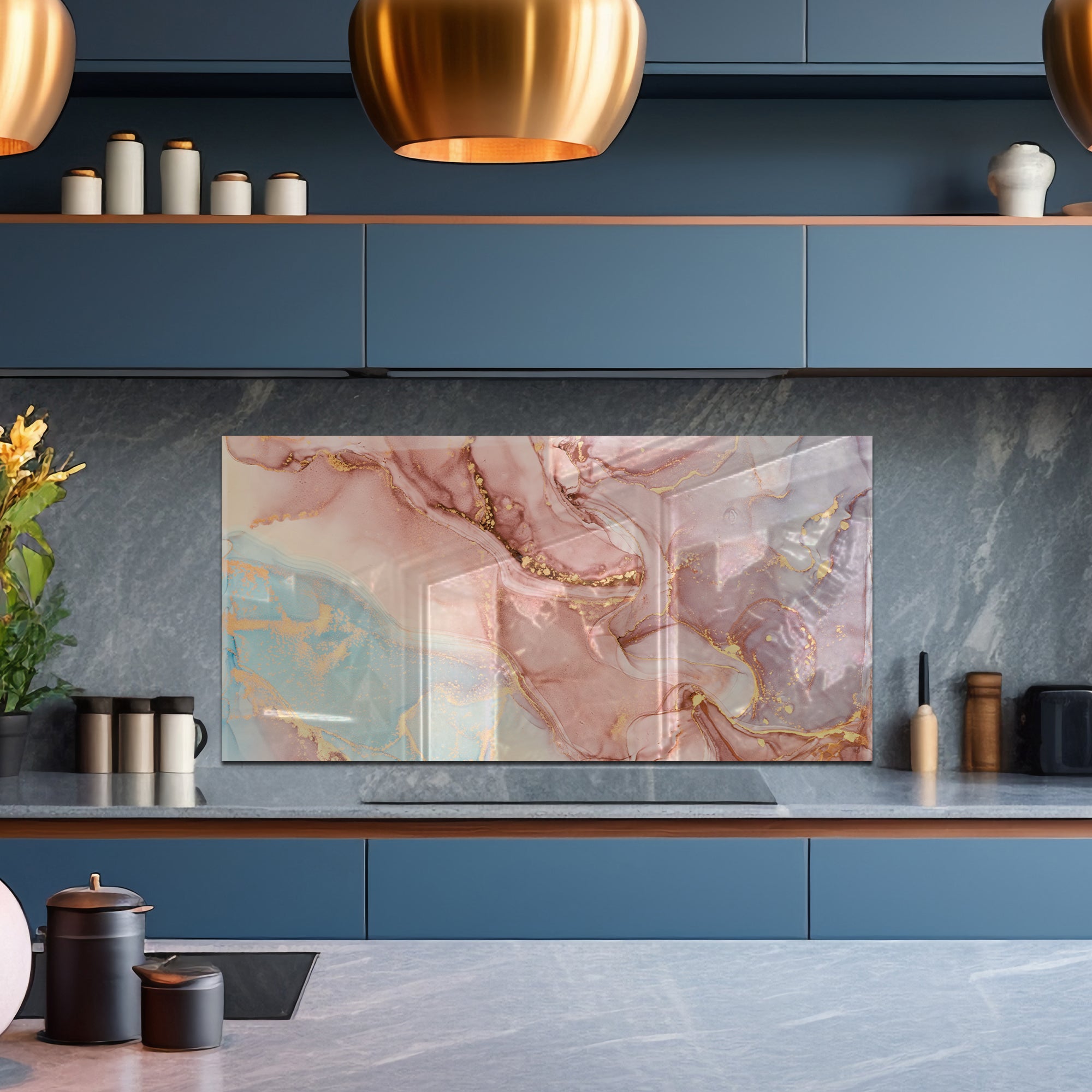 Pink Ink Marble Glass Backsplash – Elegant Abstract Kitchen Panel
