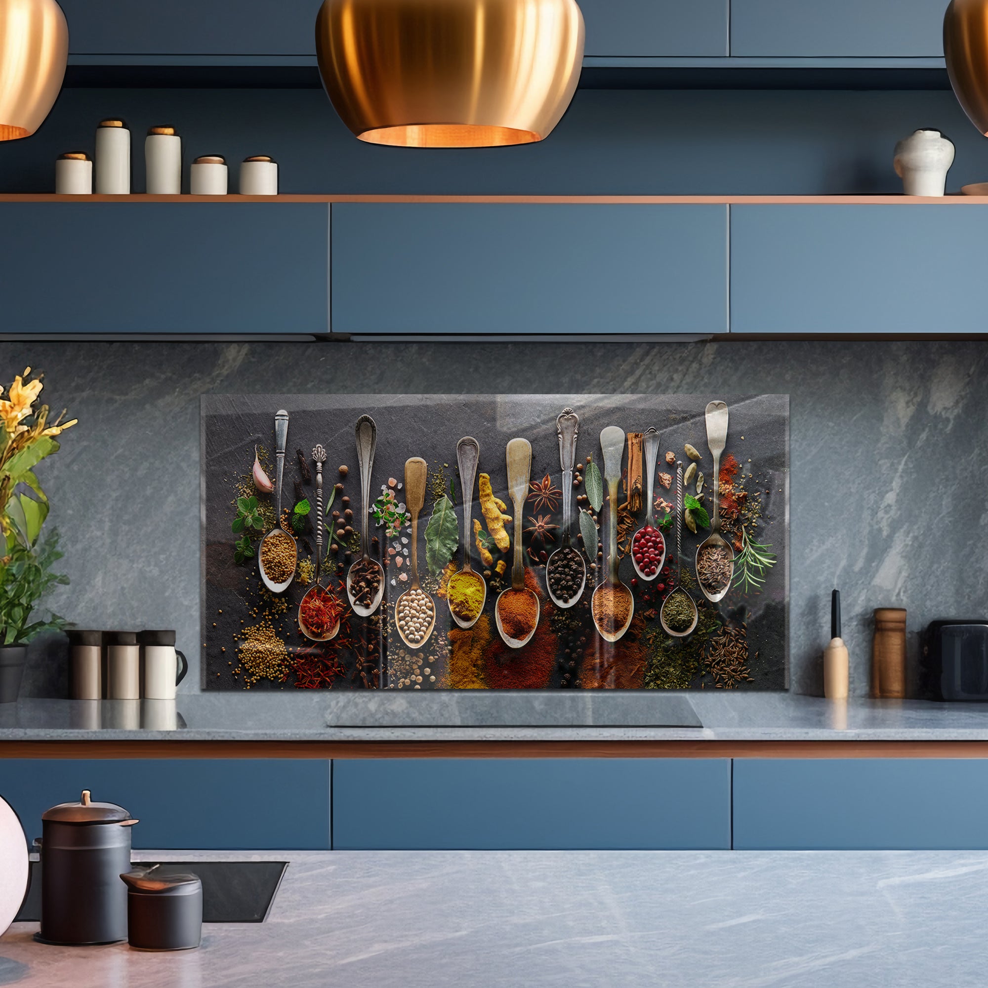 Spices on Dark Stone Tempered Glass Backsplash – Gourmet Kitchen Wall Panel