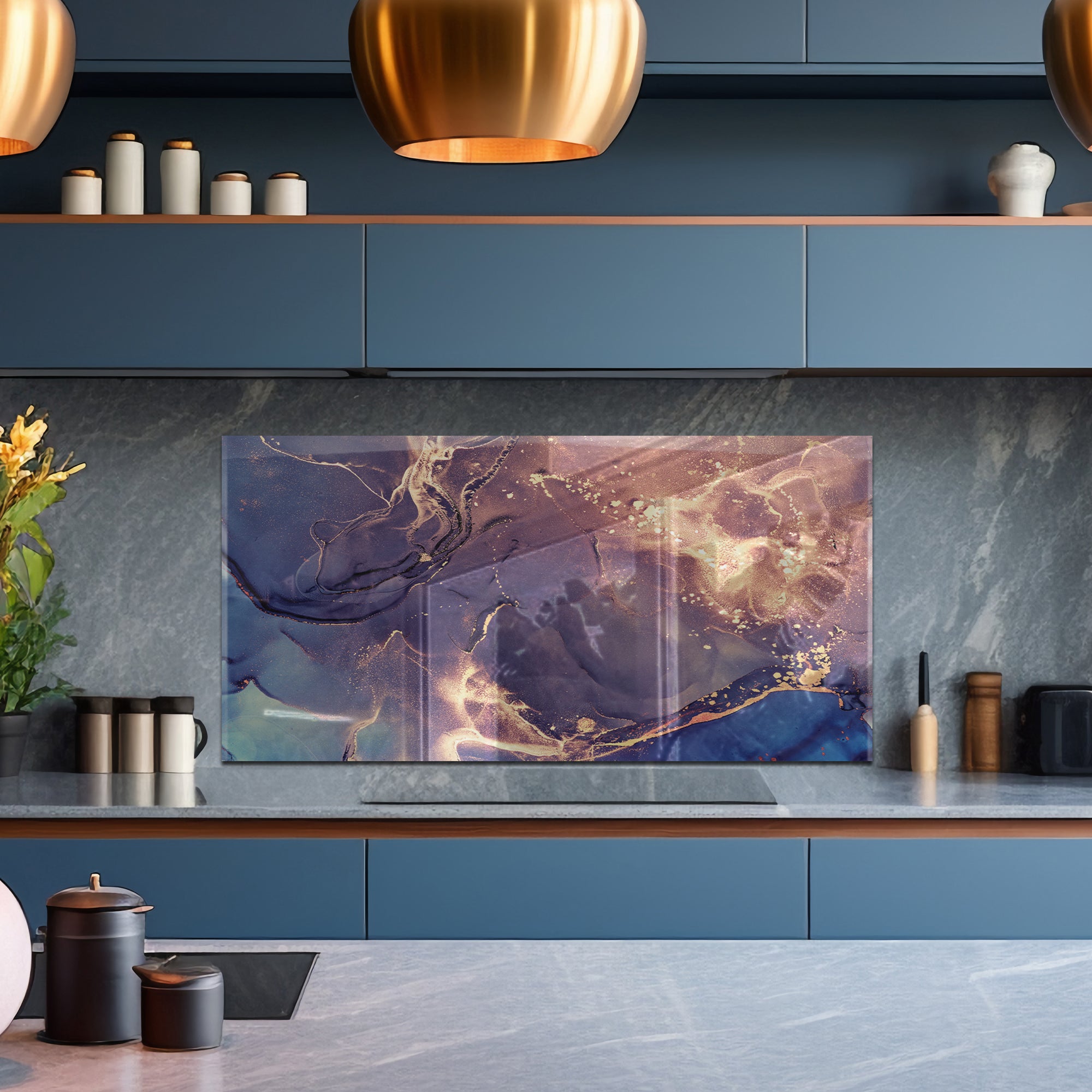 Ink Marble Tempered Glass Backsplash – Blue & Gold Abstract Kitchen Panel