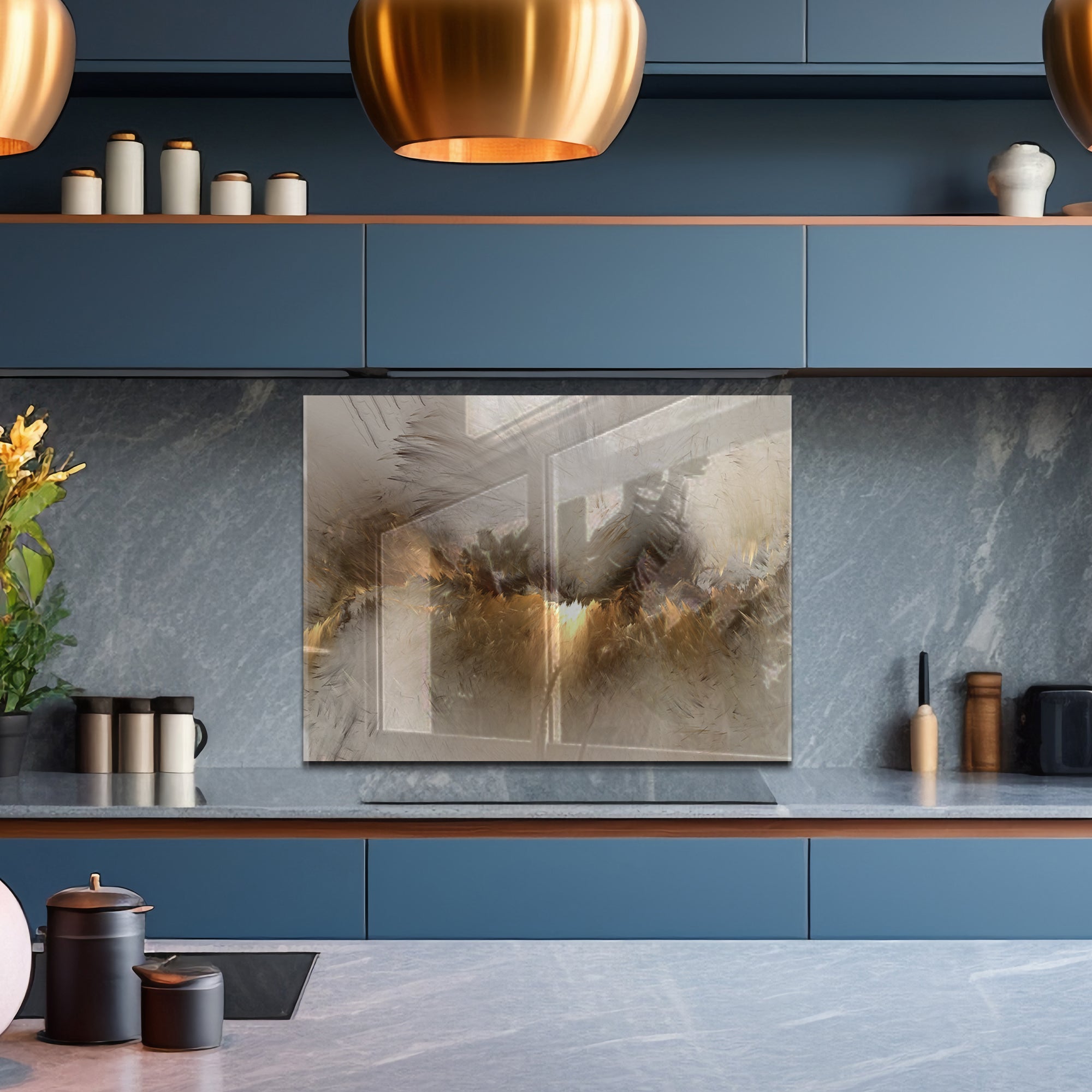 Abstract Grey & Gold Tempered Glass Backsplash – Modern Kitchen Wall Panel
