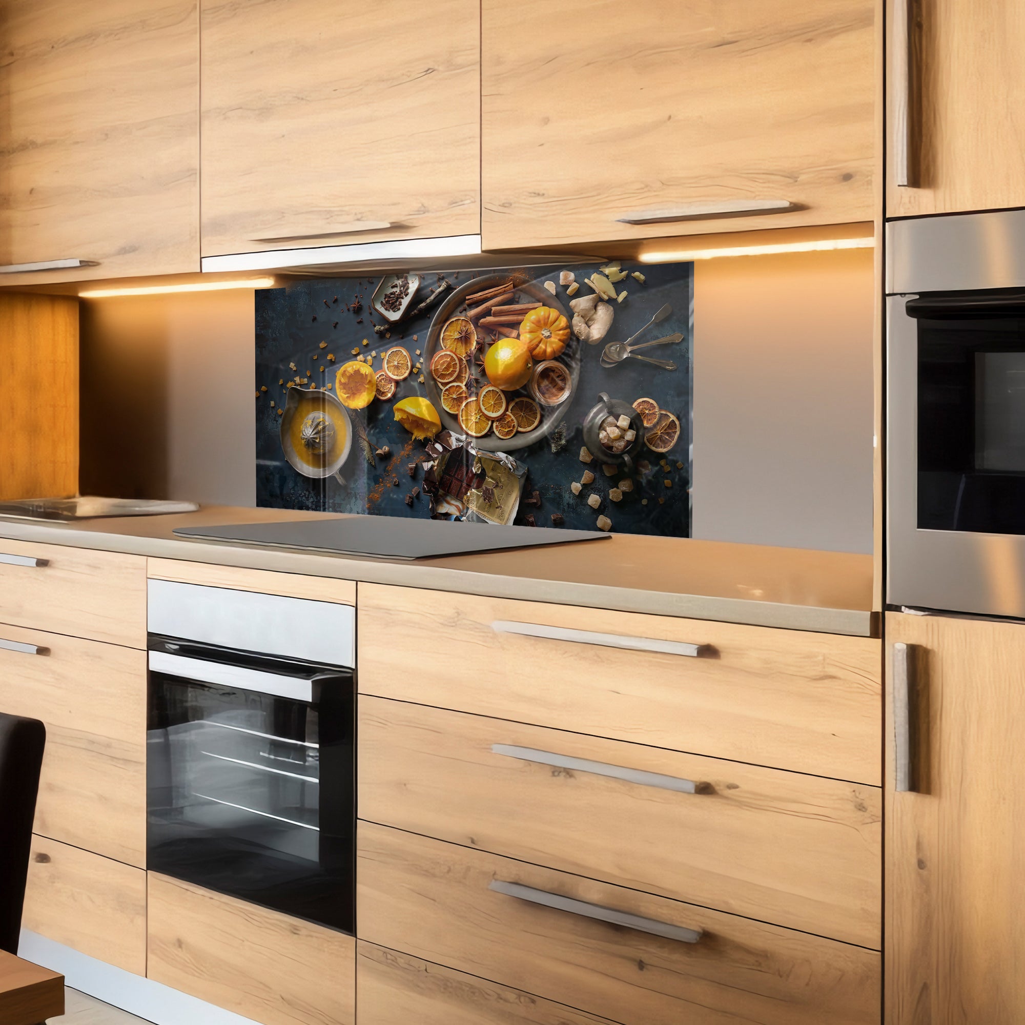 Orange & Spice Tempered Glass Backsplash – Cozy Gourmet Kitchen Wall Panel