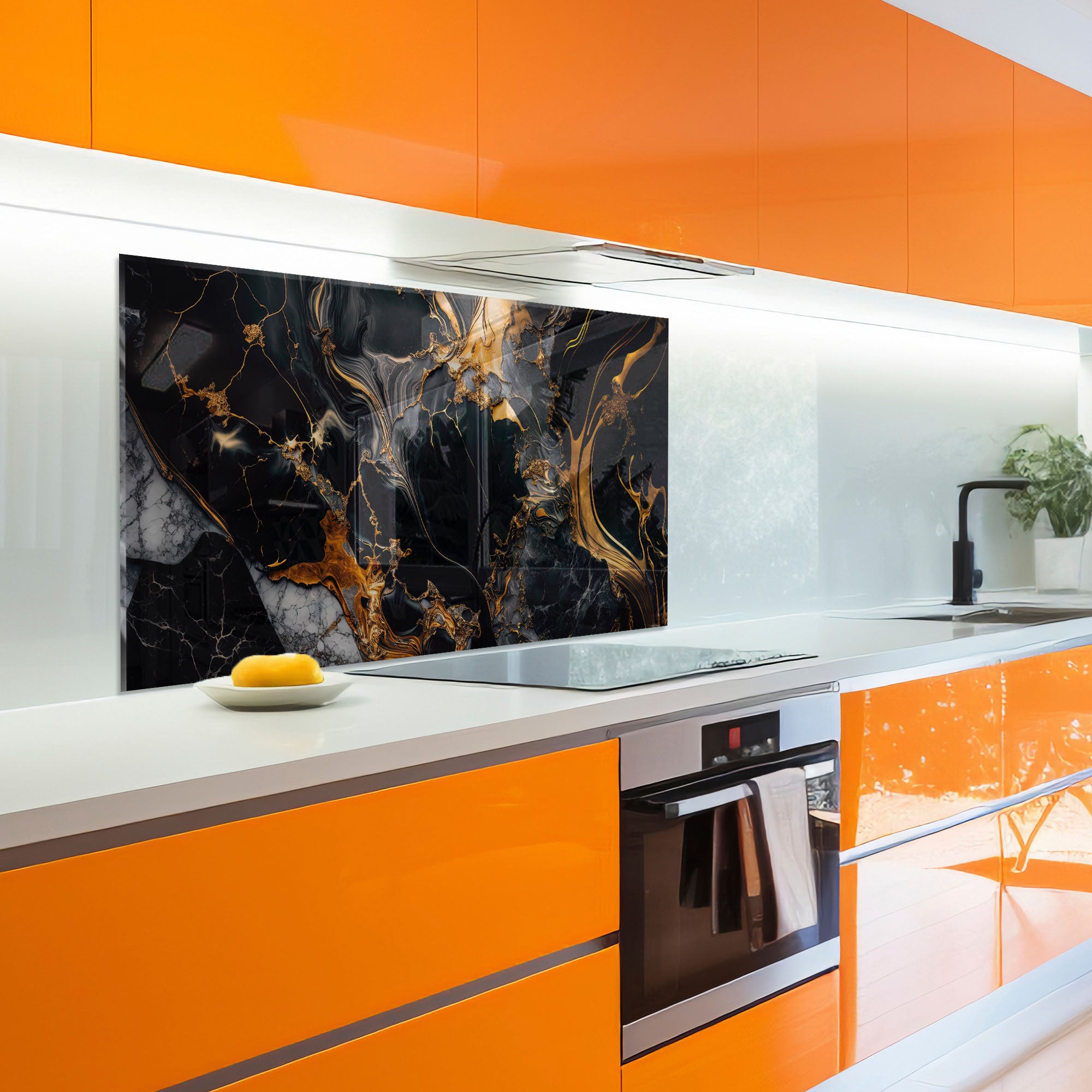 Black and Gold Marble Tempered Glass Stove Backsplash – Heat-Resistant Modern Kitchen Wall Panel