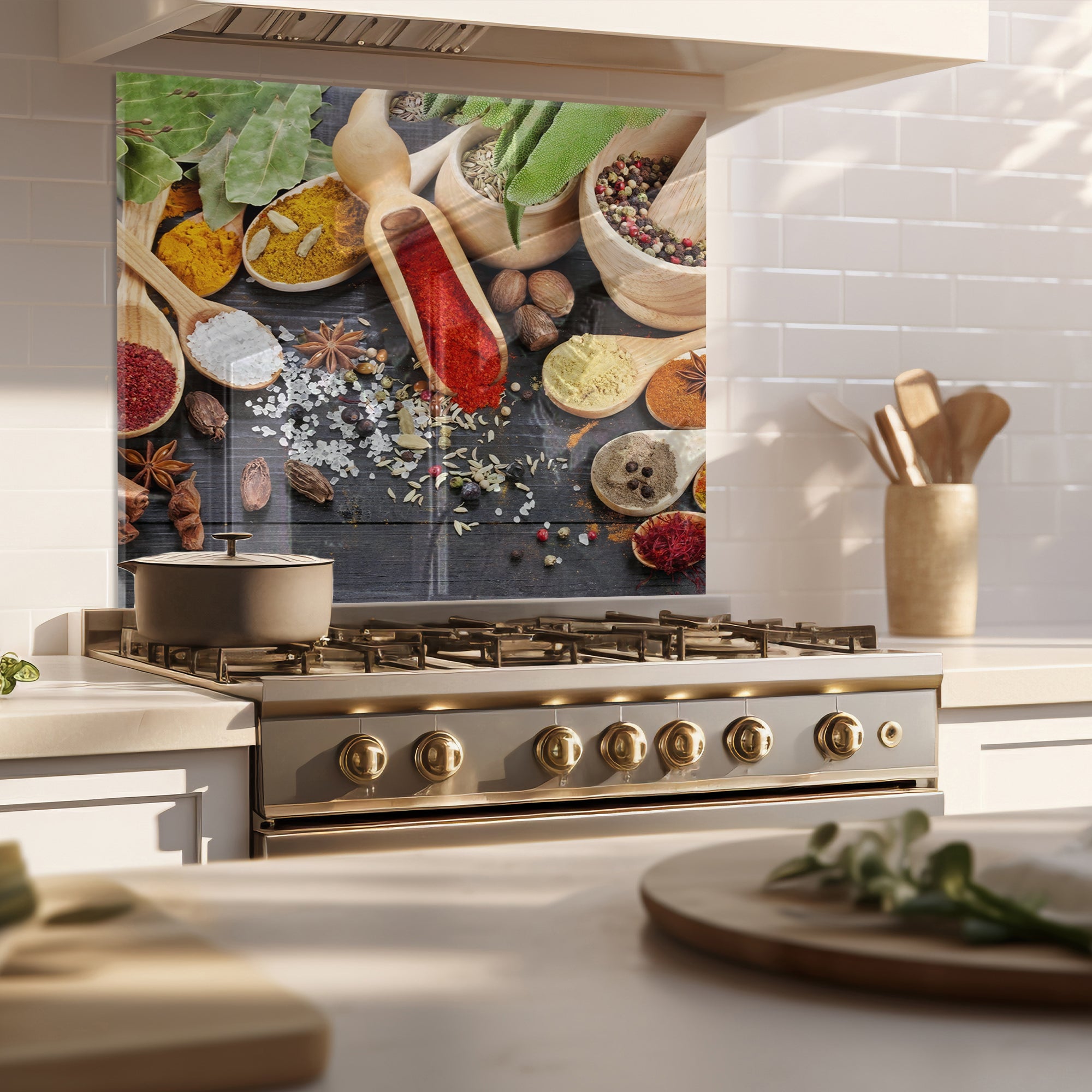 Colorful Spices Tempered Glass Backsplash – Gourmet Kitchen Heat Shield