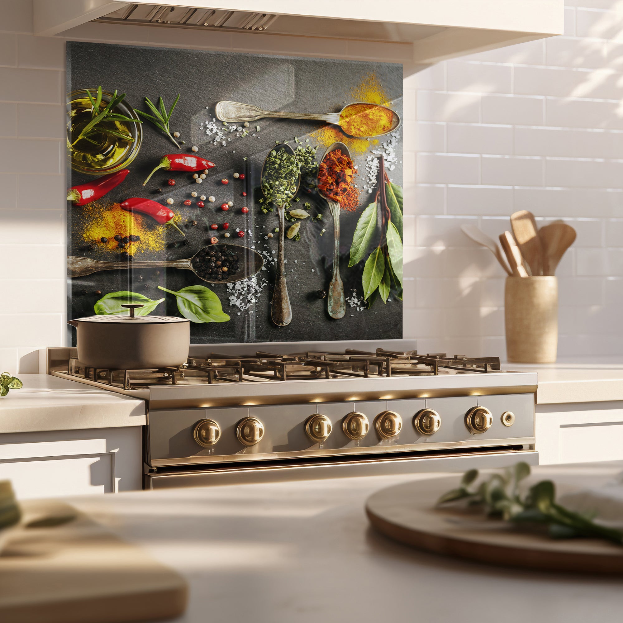 Spices & Herbs Tempered Glass Backsplash – Gourmet Kitchen Wall Panel