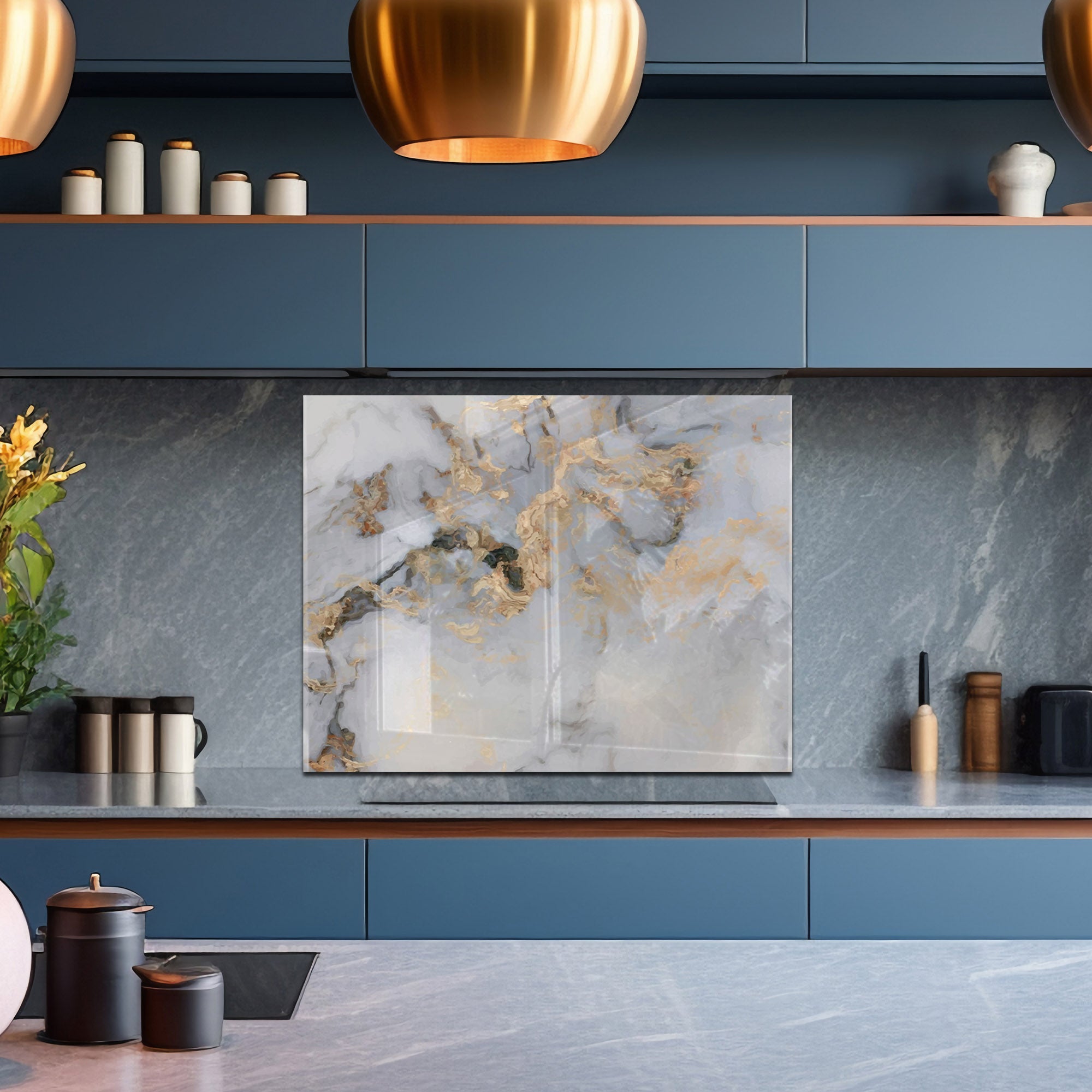 White & Gold Marble Tempered Glass Backsplash – Elegant Kitchen Wall Panel