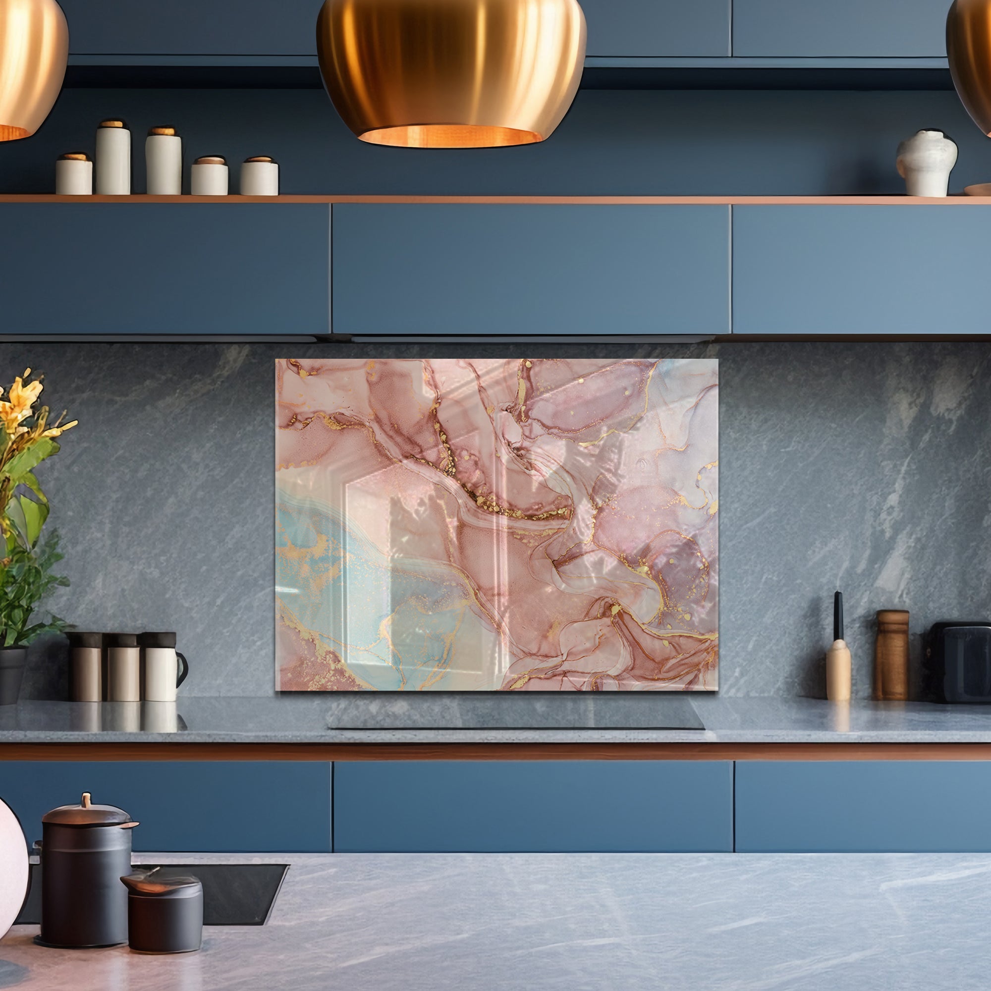 Pink Ink Marble Glass Backsplash – Elegant Abstract Kitchen Panel