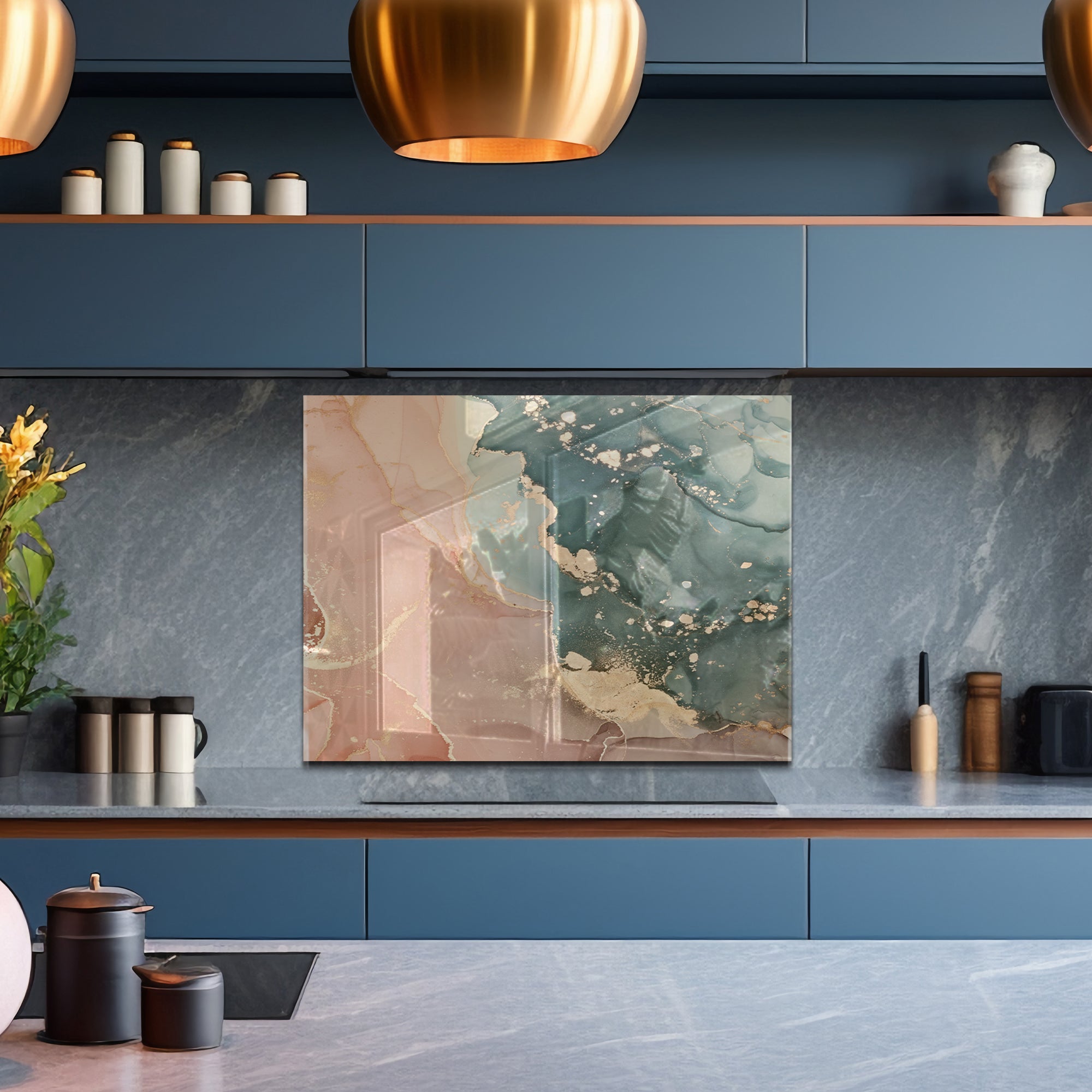 Green & Beige Ink Marble Glass Backsplash – Abstract Kitchen Panel