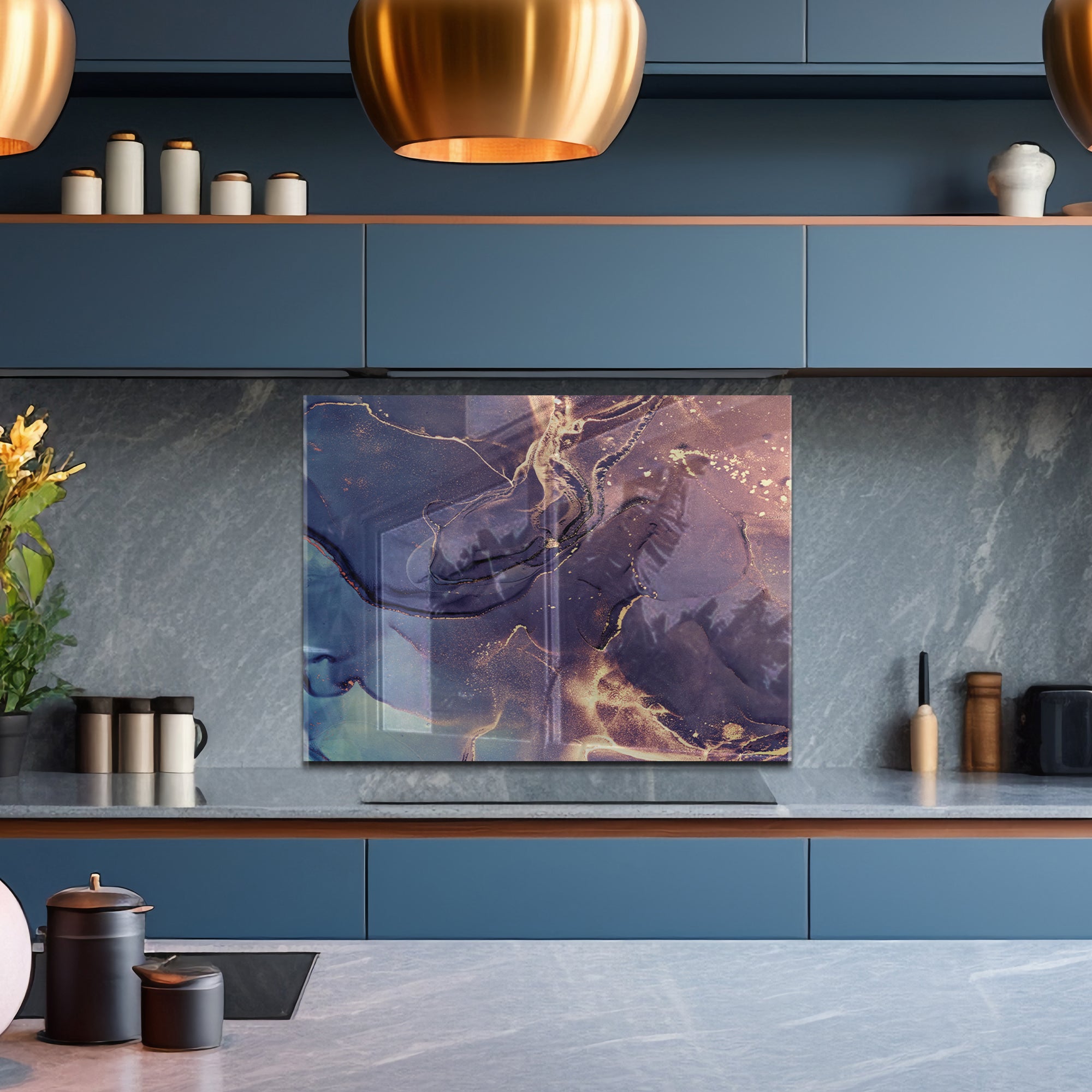 Ink Marble Tempered Glass Backsplash – Blue & Gold Abstract Kitchen Panel