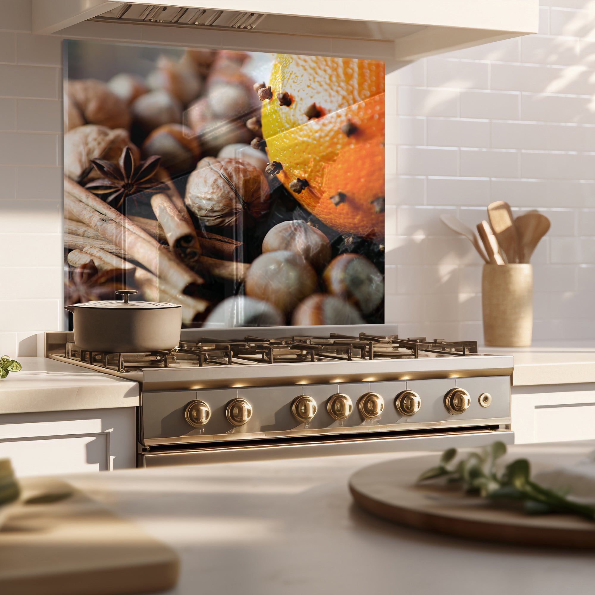 Spices & Nuts Tempered Glass Backsplash – Warm Gourmet Kitchen Panel