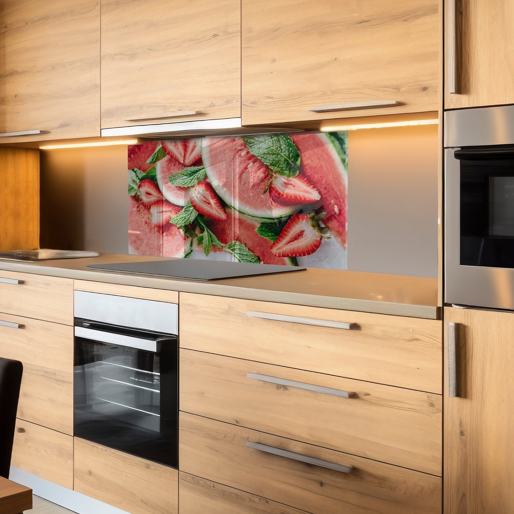 Watermelon & Strawberry Tempered Glass Backsplash – Fresh Summer Kitchen Panel