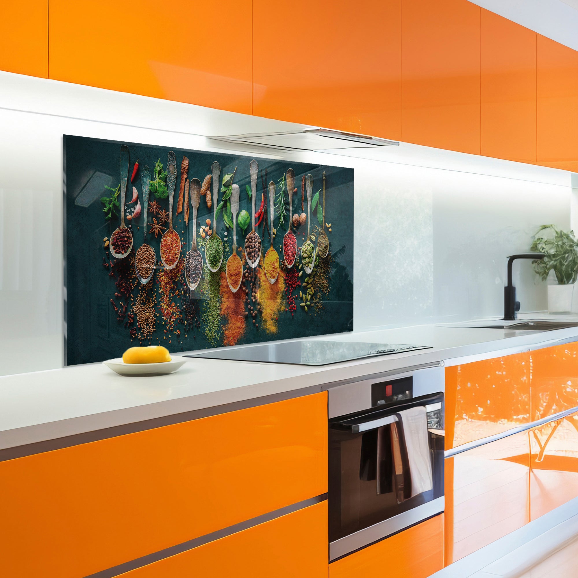 Harmony of Spices Tempered Glass Backsplash – Colorful Kitchen Wall Panel