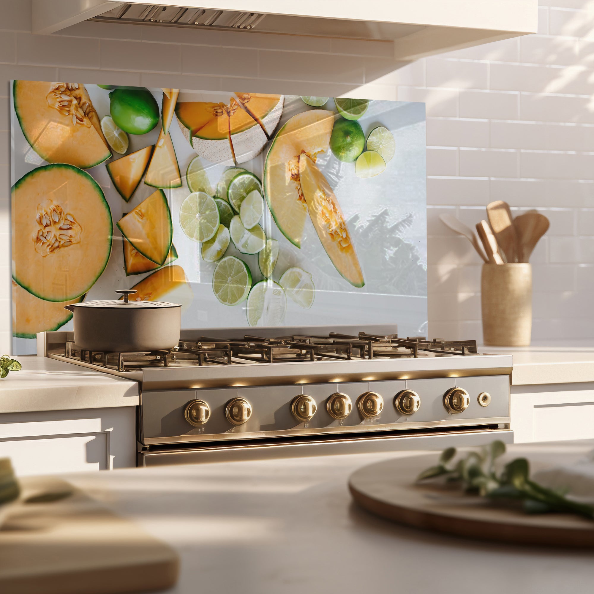 Melon & Lime Tempered Glass Backsplash – Fresh Fruit Kitchen Wall Panel