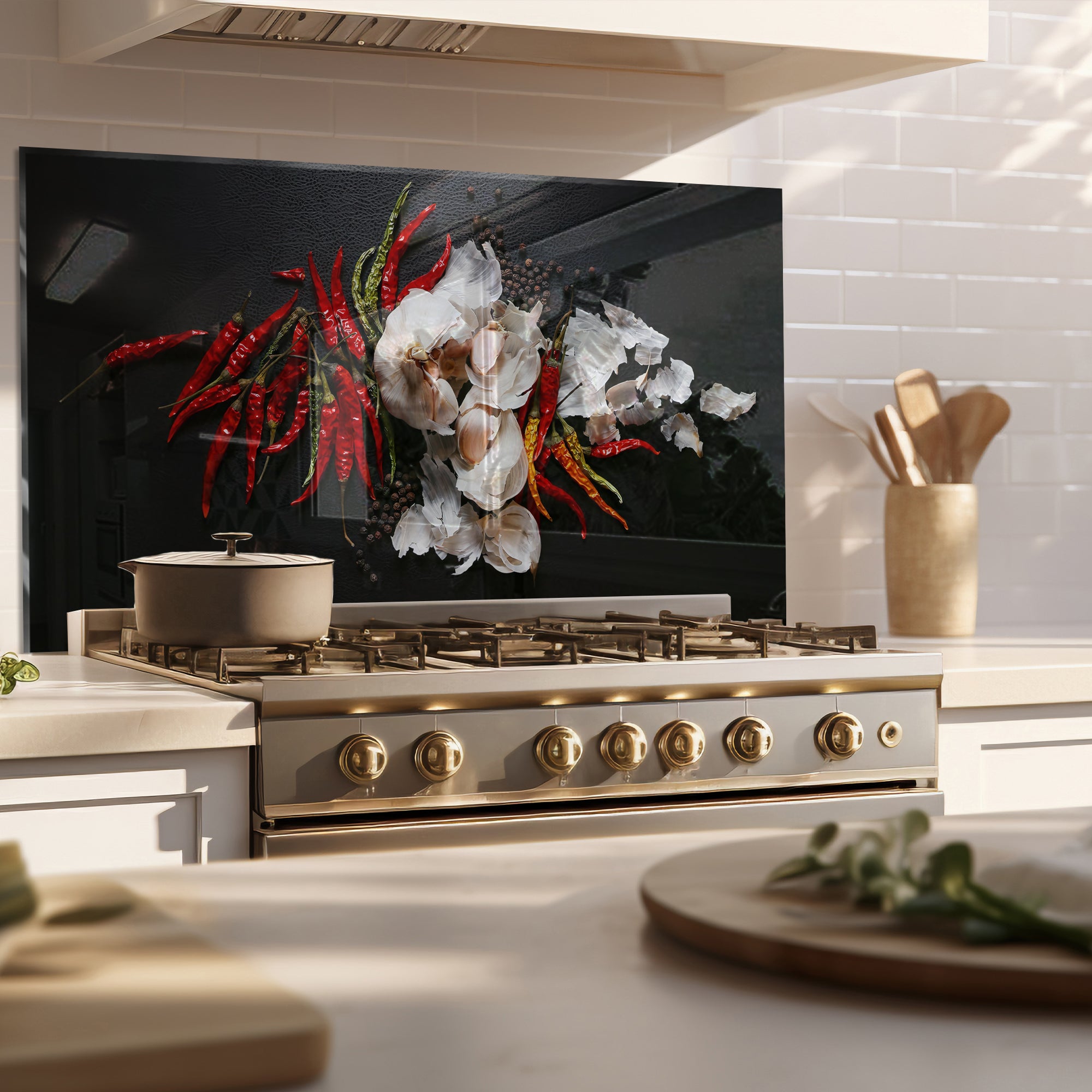Chili & Garlic Tempered Glass Backsplash – Bold Spicy Kitchen Wall Panel