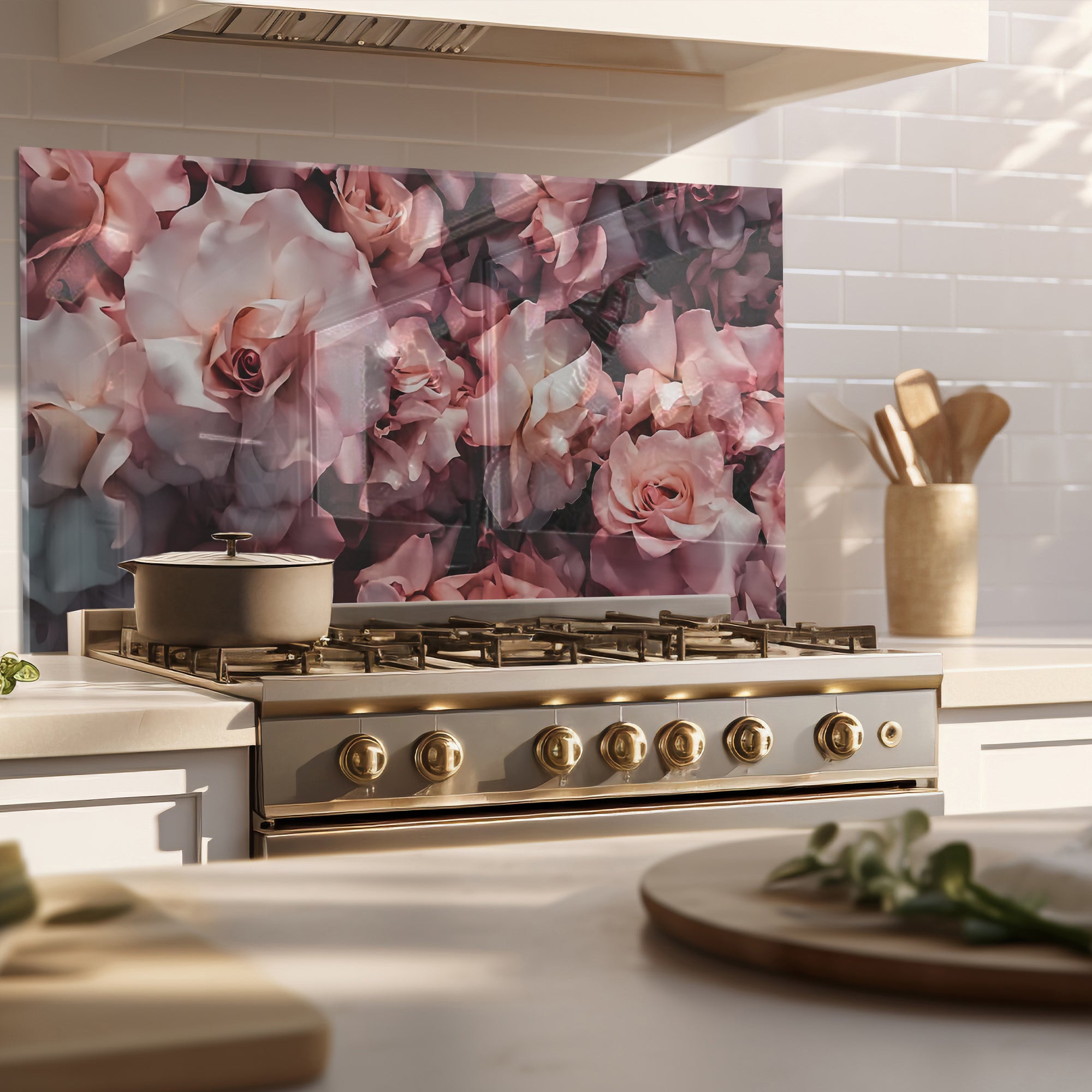 Pink Roses Tempered Glass Backsplash – Romantic Floral Kitchen Panel