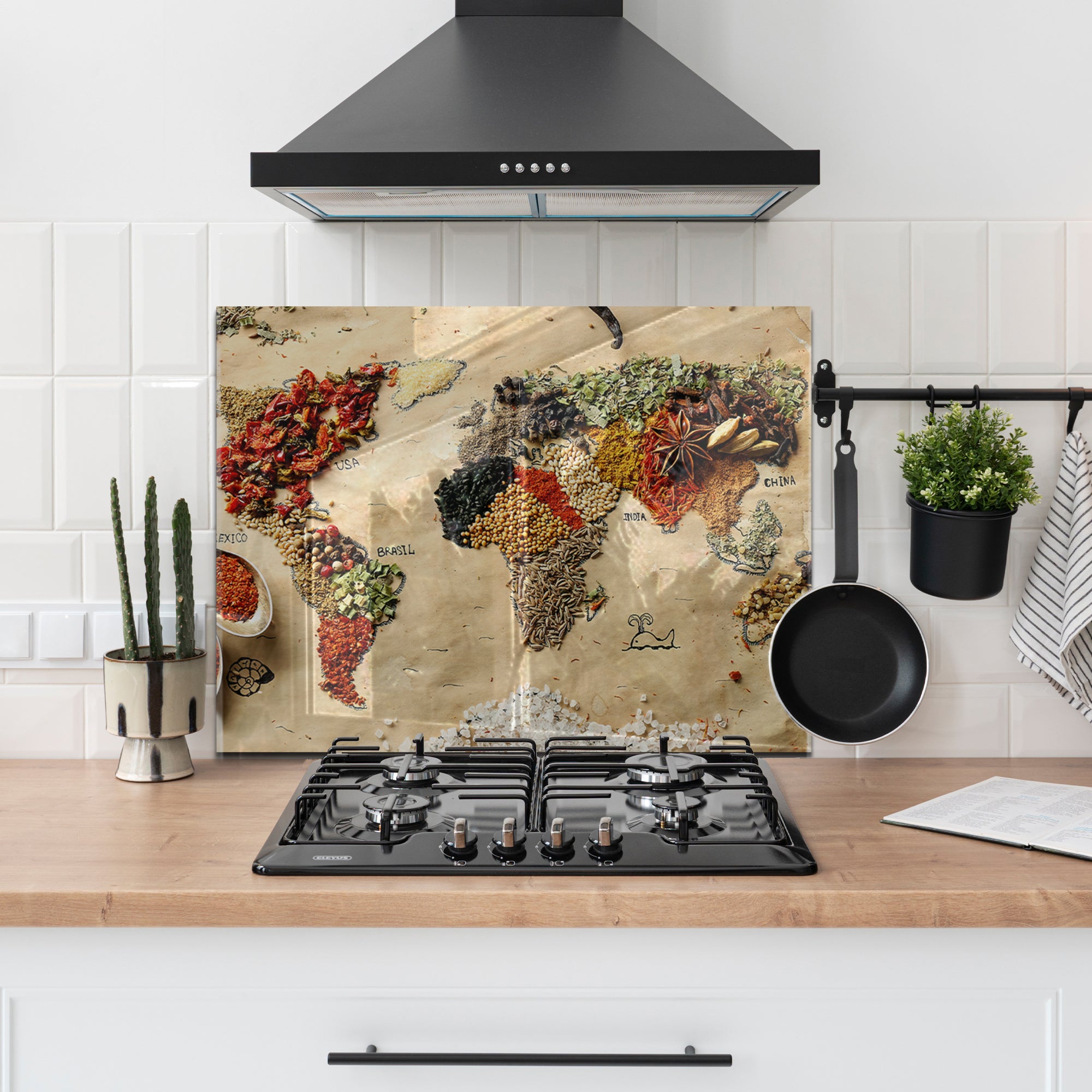 World Map Spices Tempered Glass Backsplash – Culinary Travel Kitchen Panel