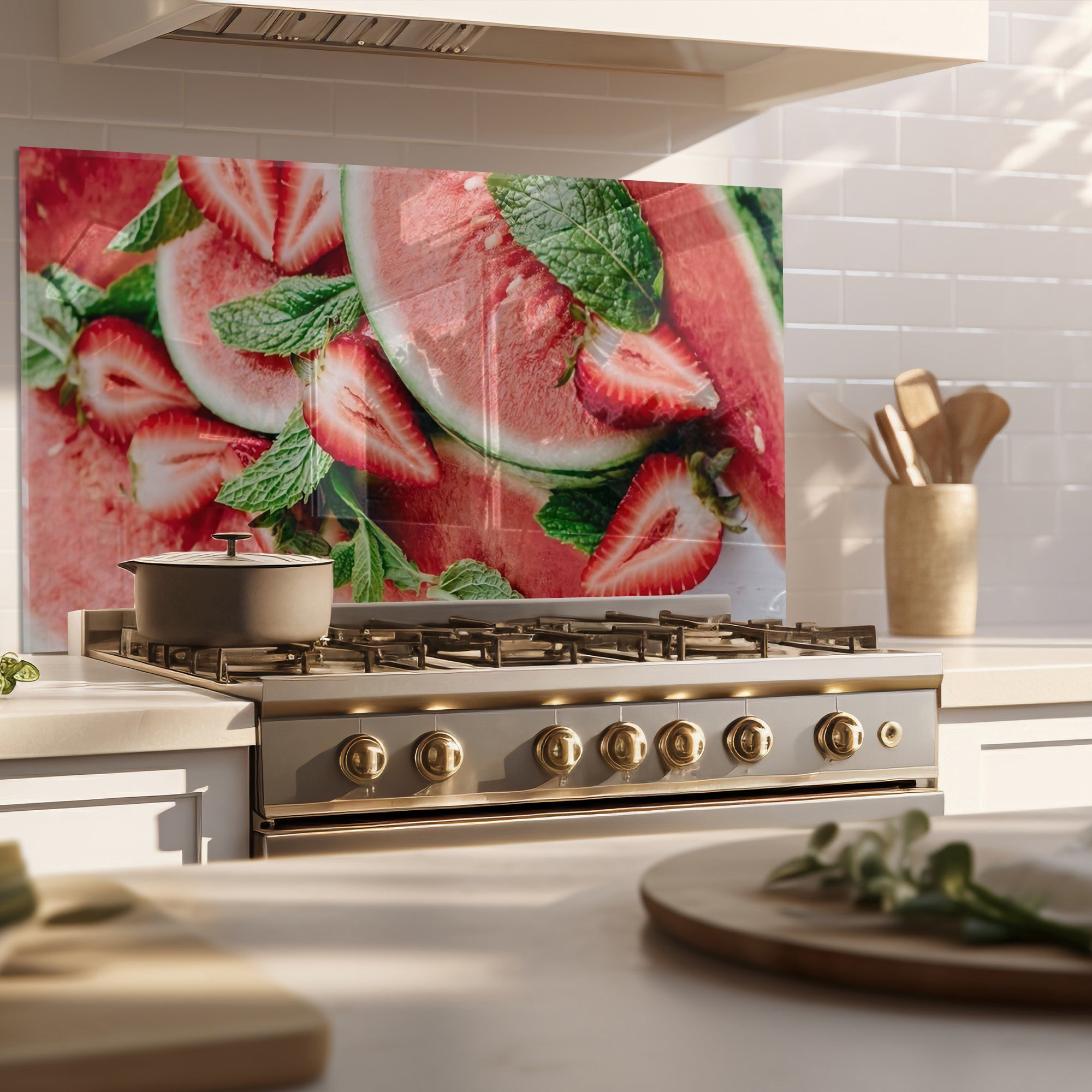 Watermelon & Strawberry Tempered Glass Backsplash – Fresh Summer Kitchen Panel
