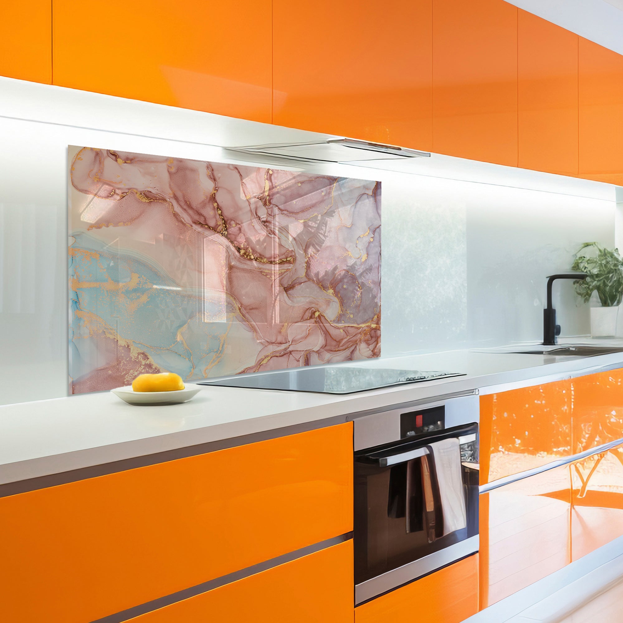 Pink Ink Marble Glass Backsplash – Elegant Abstract Kitchen Panel