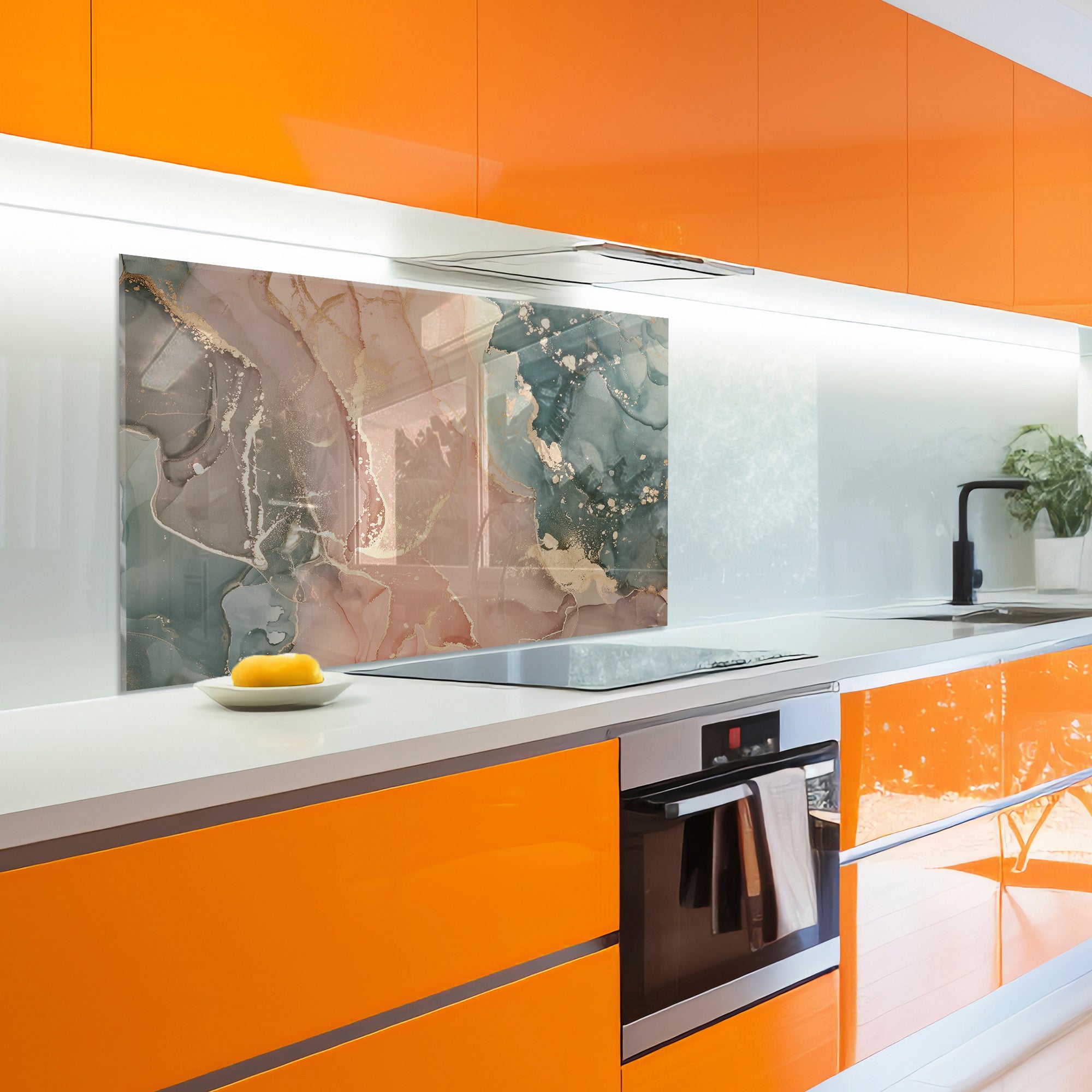 Green & Beige Ink Marble Glass Backsplash – Abstract Kitchen Panel