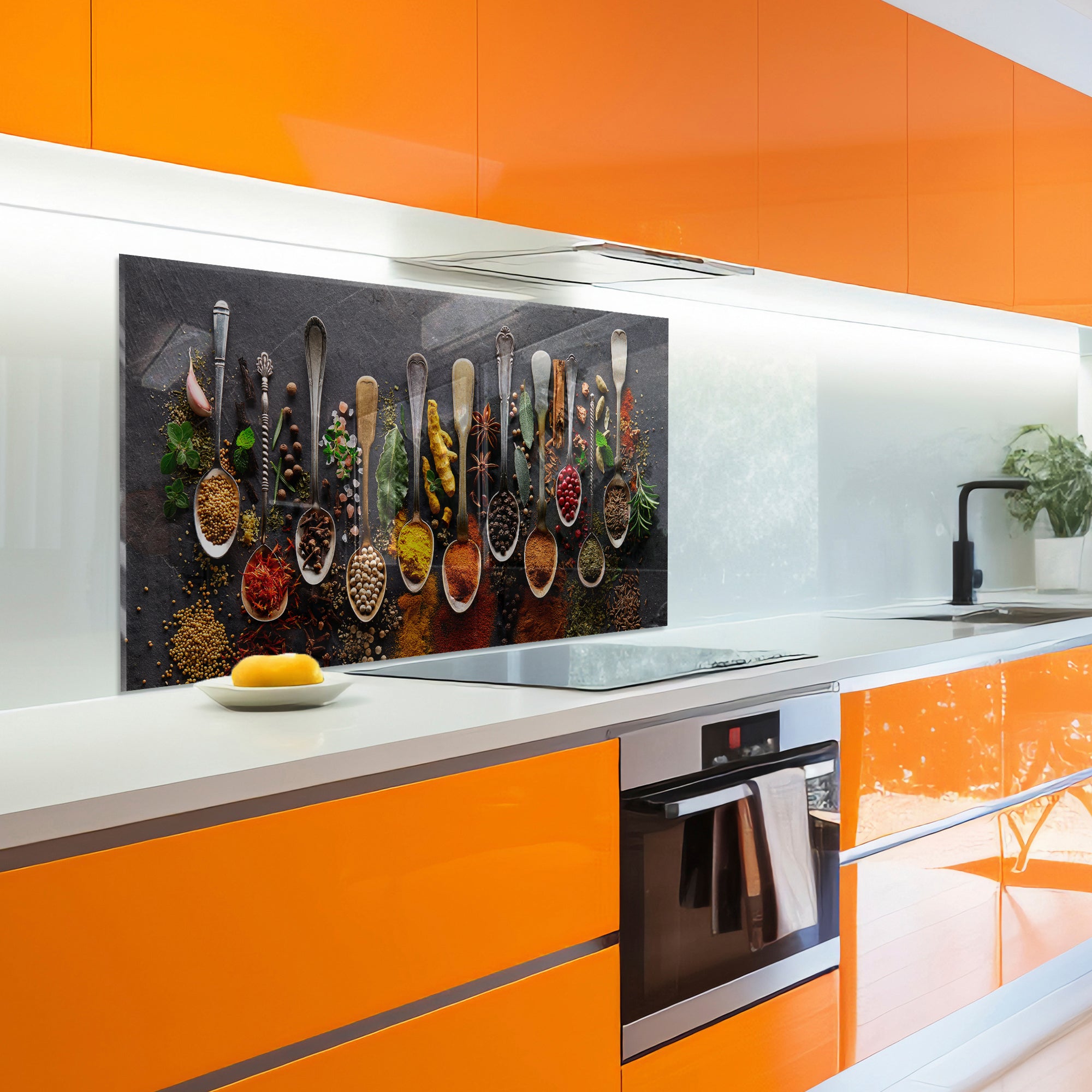 Spices on Dark Stone Tempered Glass Backsplash – Gourmet Kitchen Wall Panel