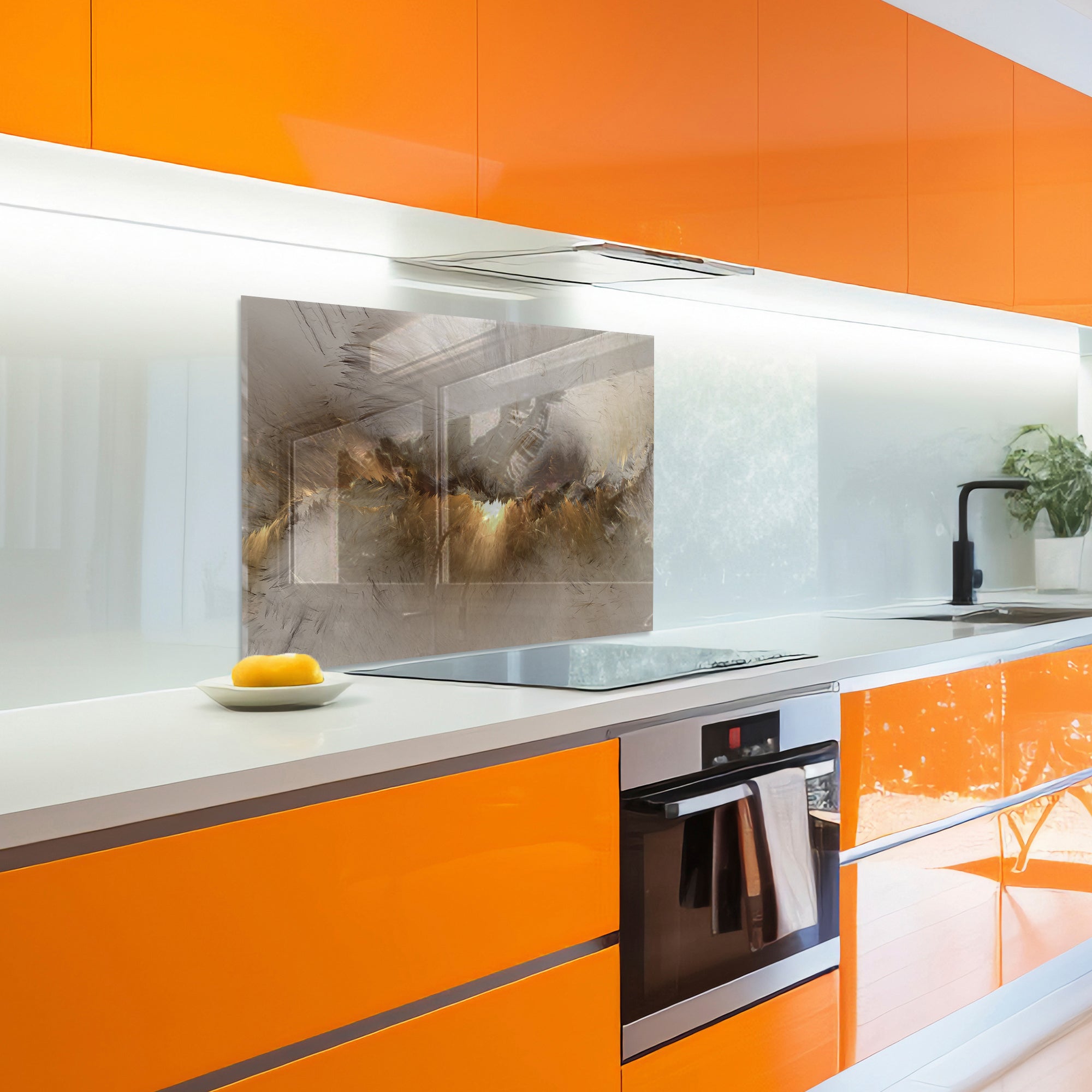 Abstract Grey & Gold Tempered Glass Backsplash – Modern Kitchen Wall Panel