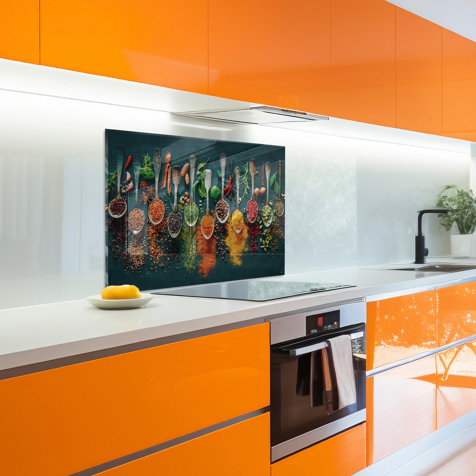 Harmony of Spices Tempered Glass Backsplash – Colorful Kitchen Wall Panel
