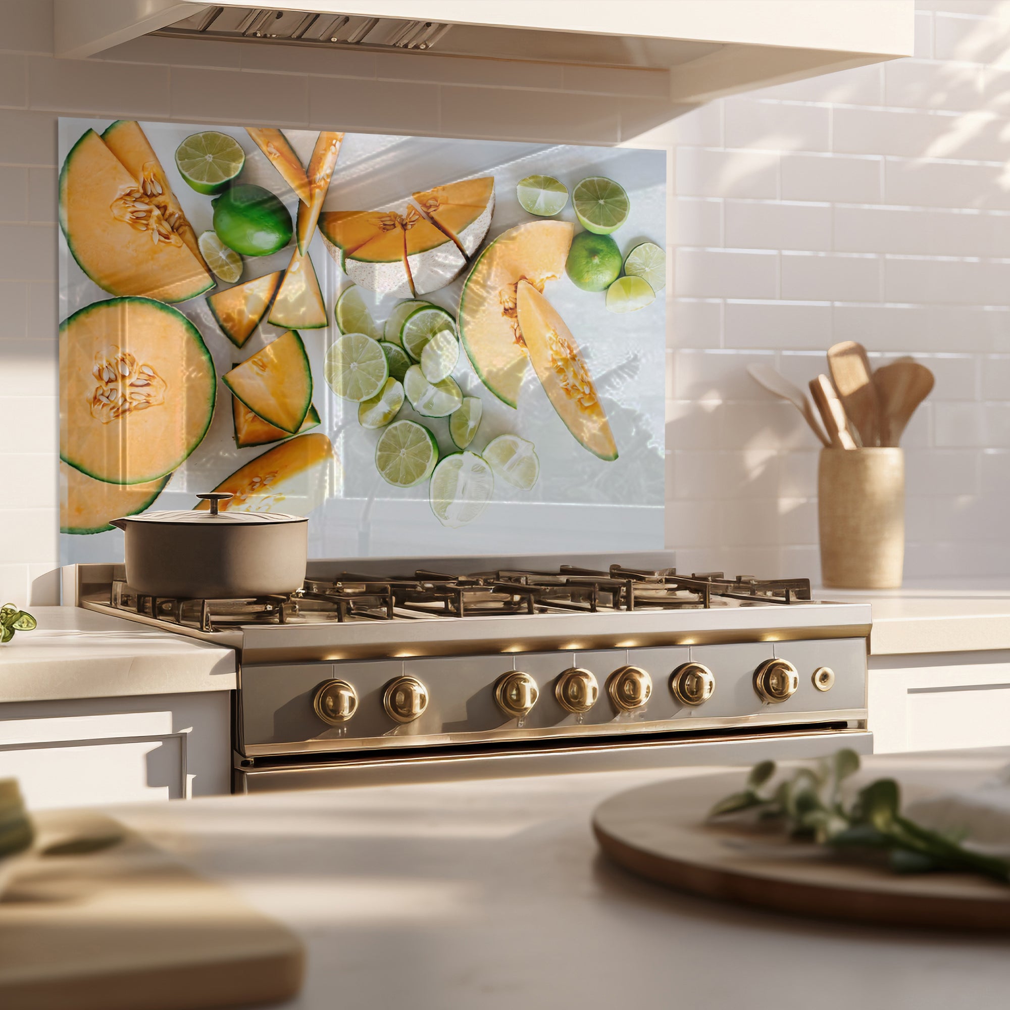 Melon & Lime Tempered Glass Backsplash – Fresh Fruit Kitchen Wall Panel