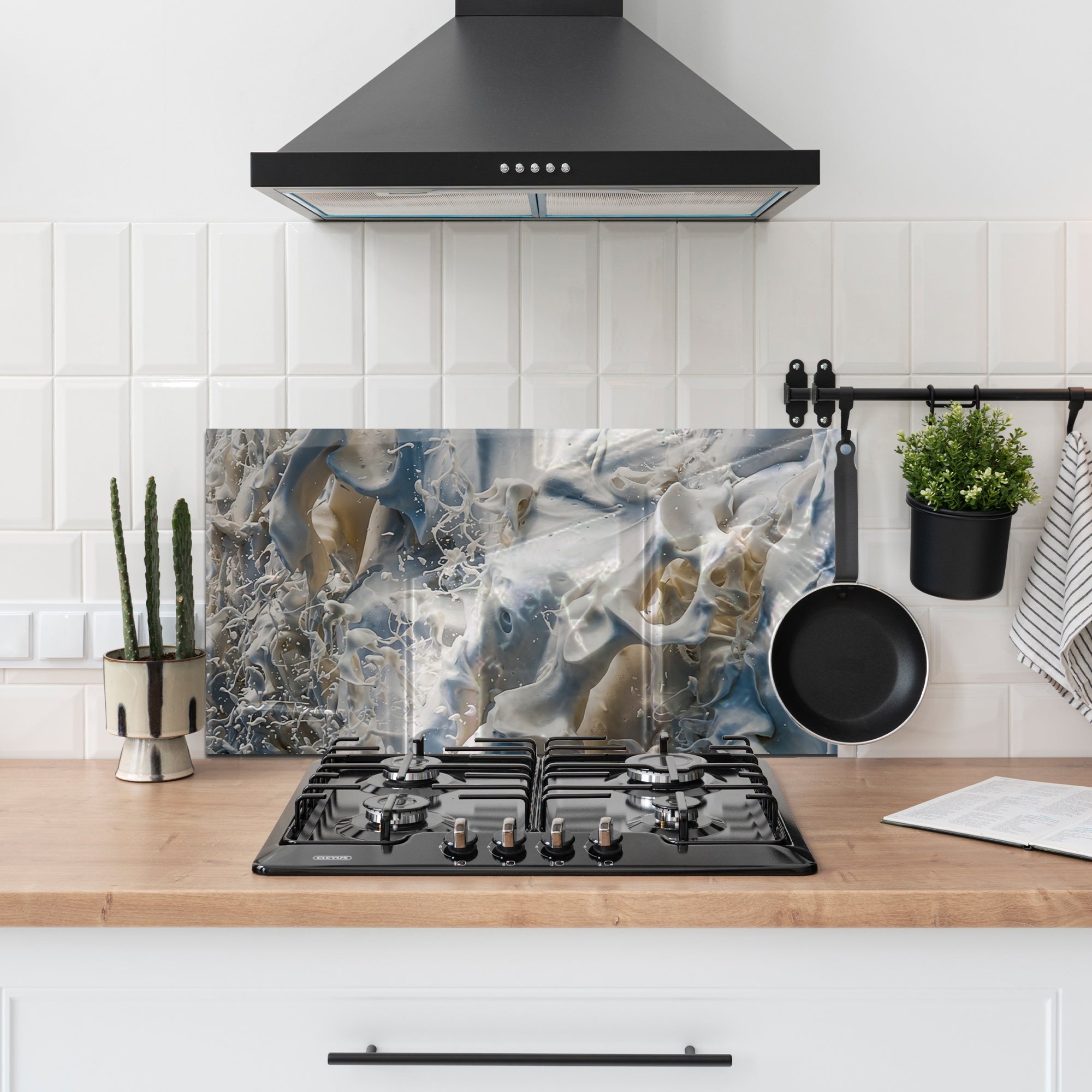 Milk Splash Tempered Glass Backsplash – Abstract Creamy Kitchen Panel