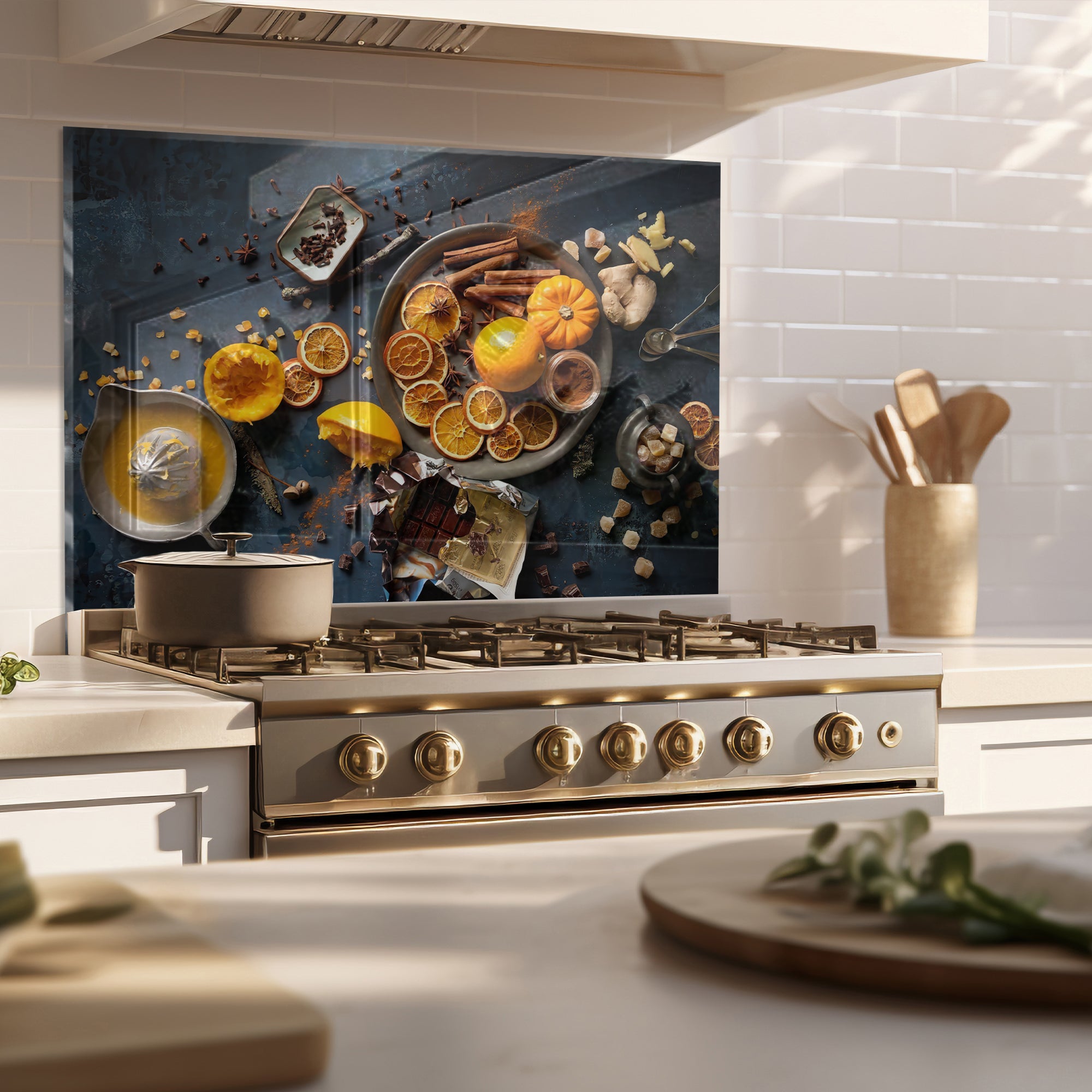 Orange & Spice Tempered Glass Backsplash – Cozy Gourmet Kitchen Wall Panel